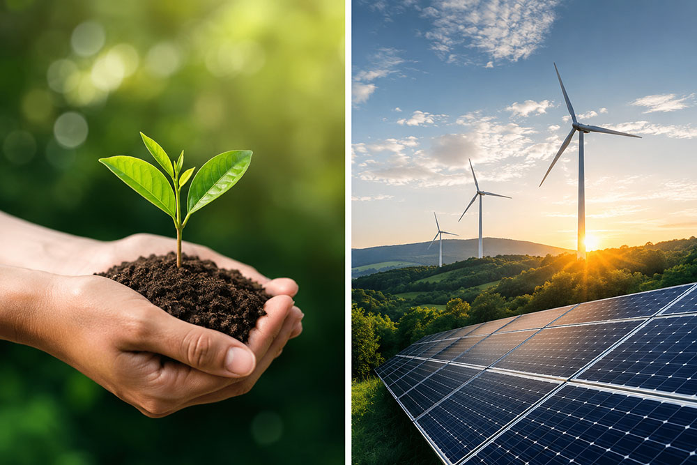 Solarmodule vor einer grünen, bewaldeten Landschaft