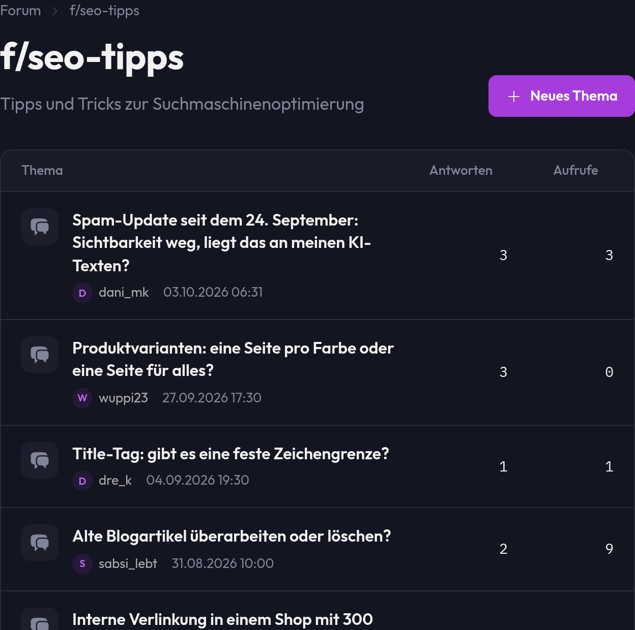 Eine Kategorie mit der Themenliste und dem Button Neues Thema
