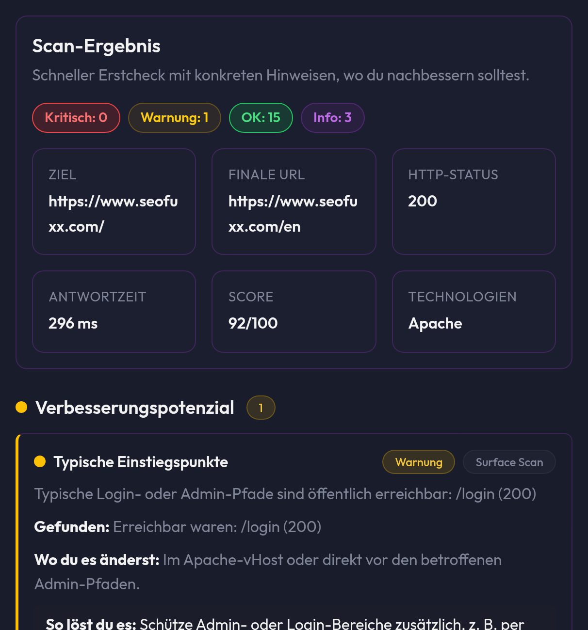 Der Pentest-Bericht mit Eckdaten, Score und dem ersten Befund samt Lösung