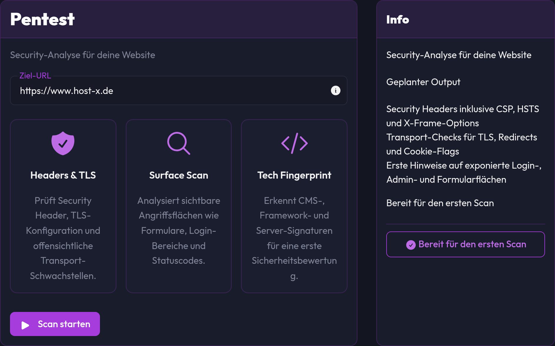Das Pentest-Formular mit Ziel-URL und dem Button Scan starten