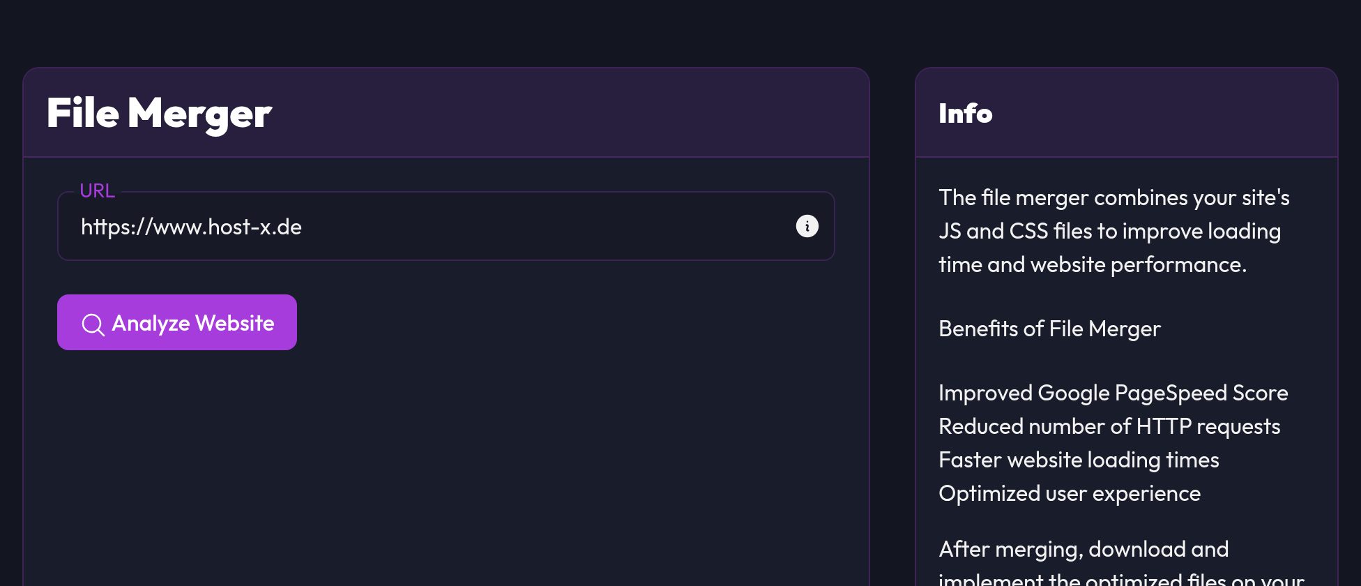 The file merger with the URL field and the Analyze website button