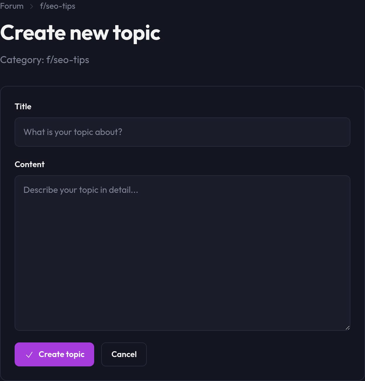 The form for creating a new topic with title and content