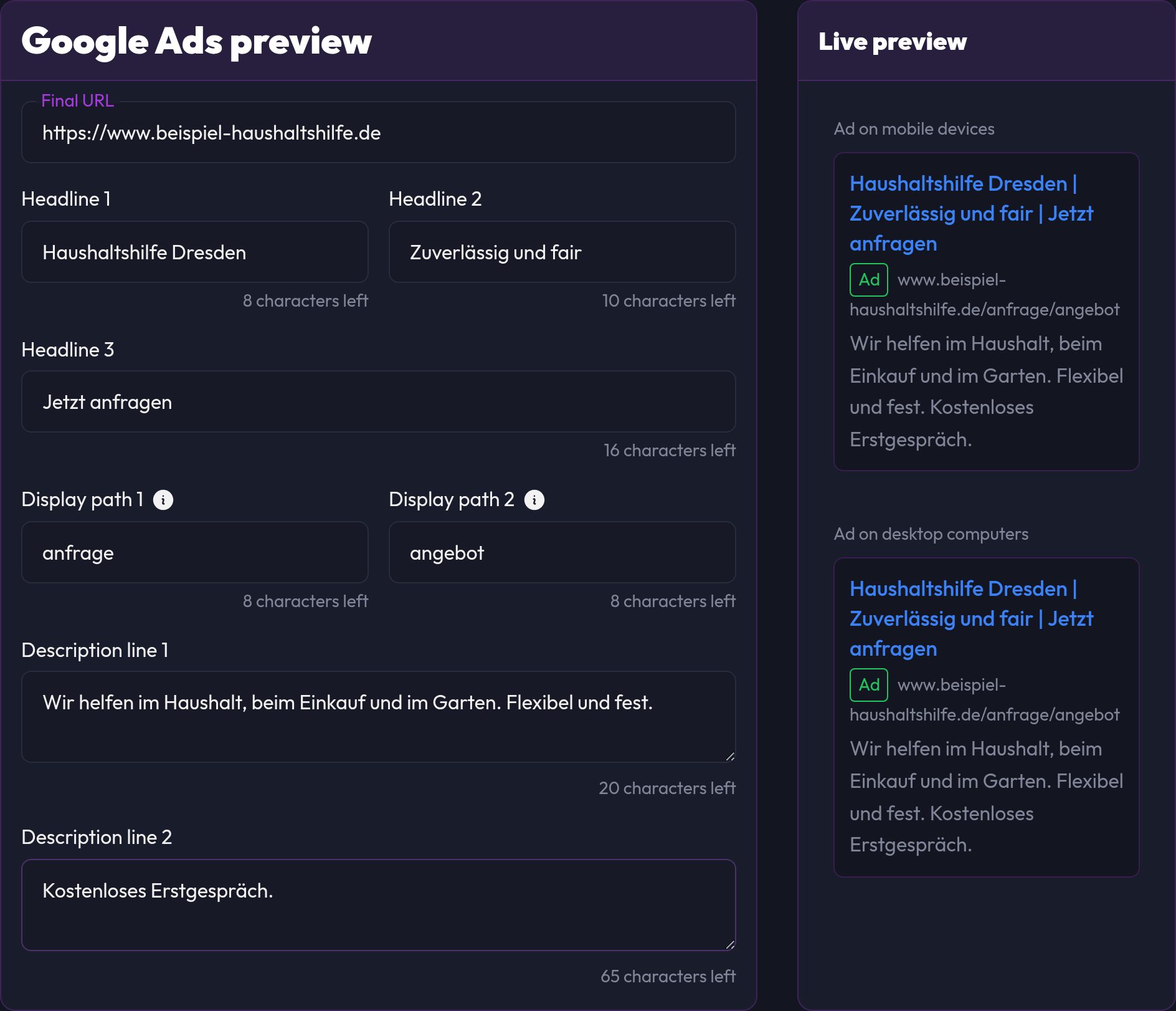 The Google Ads preview with filled-in fields and the live preview for mobile and desktop