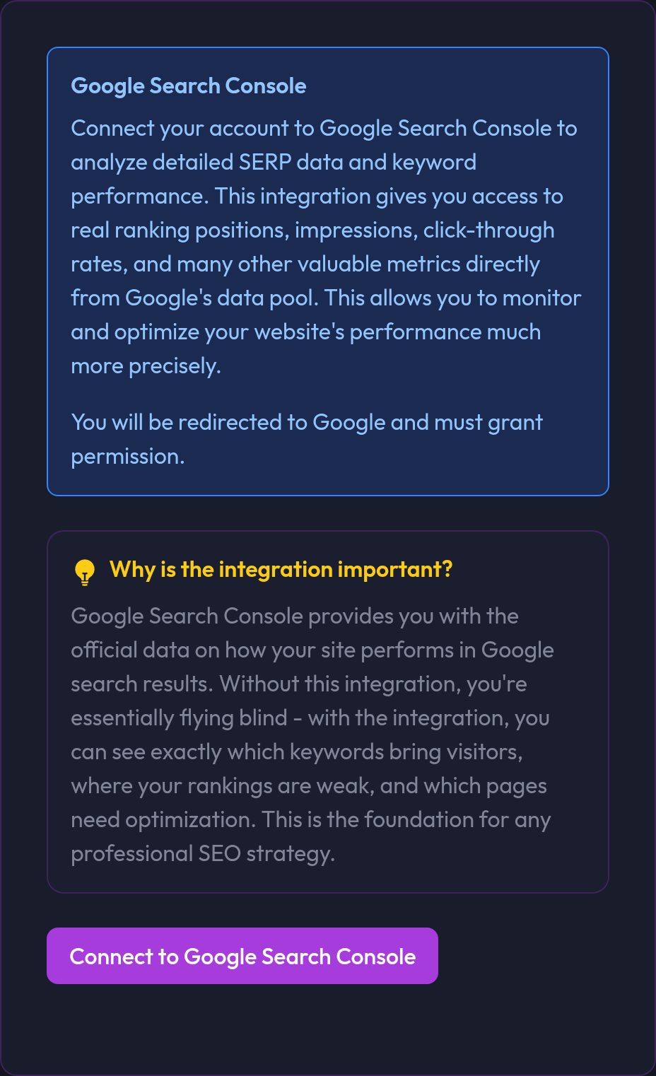 The Search Console tab in your account with the connect button