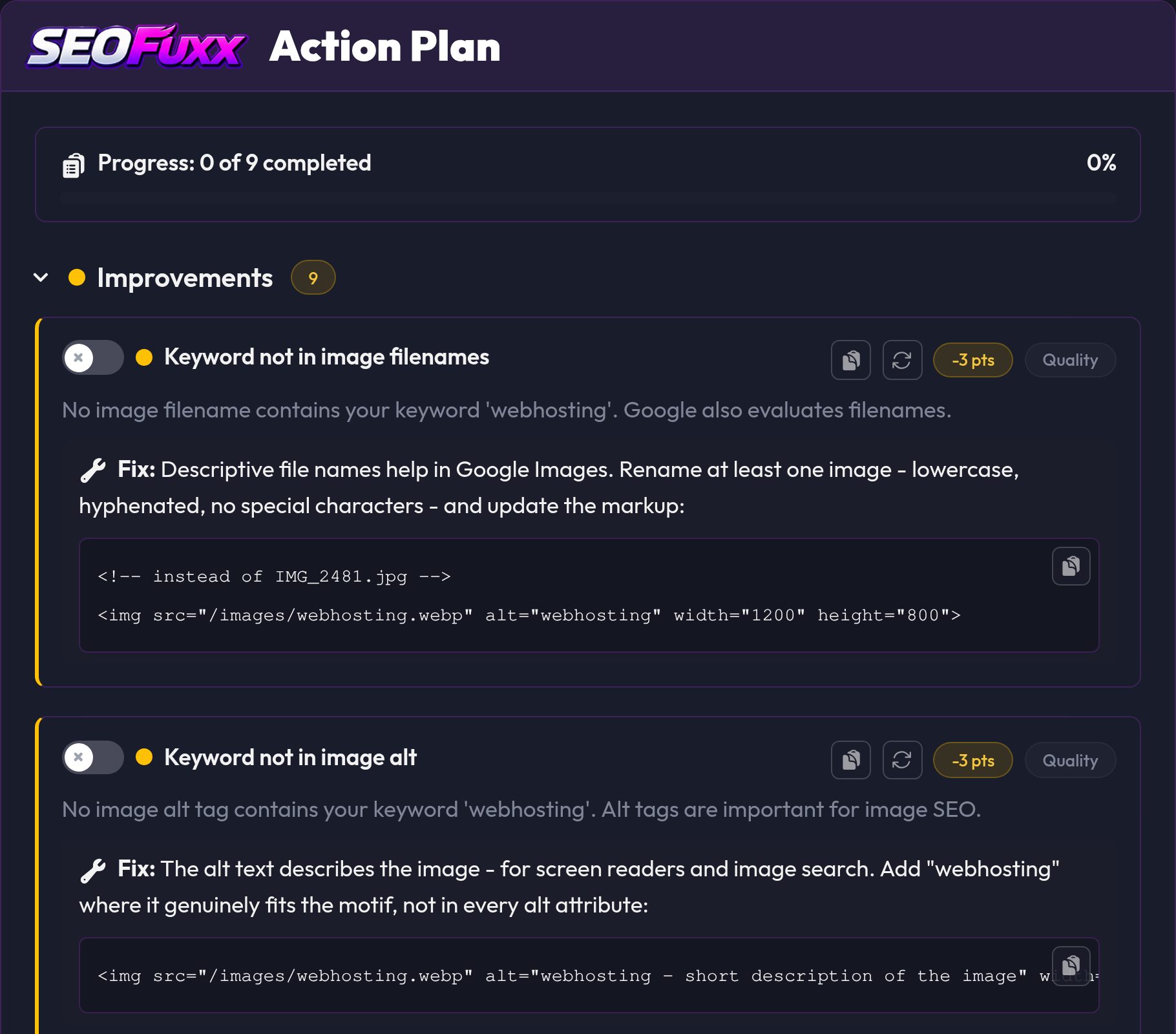 The SEO Action Plan with progress and the first recommendations including their fixes
