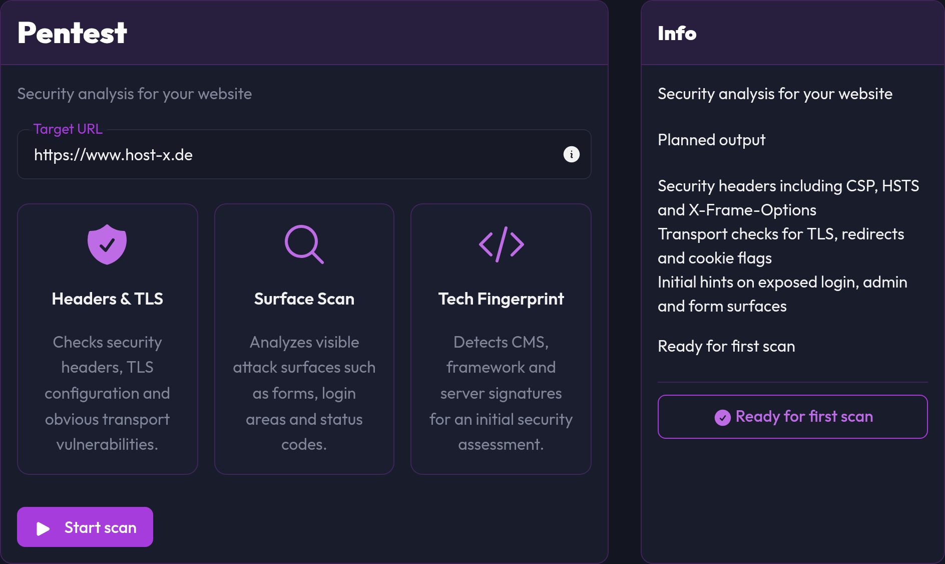 The pentest form with the target URL and the Start scan button