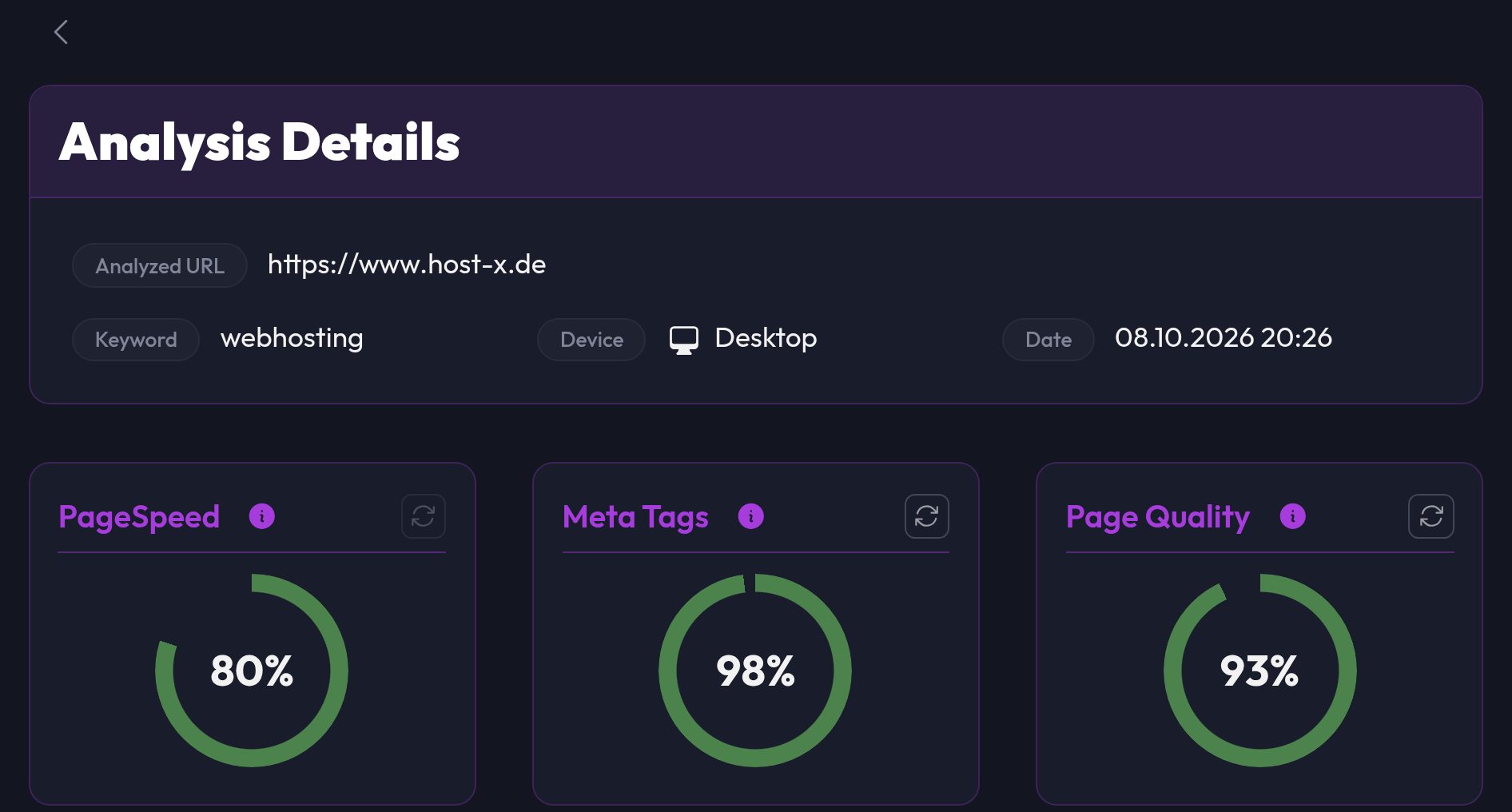 The analysis details with the PageSpeed, meta data and page quality scores