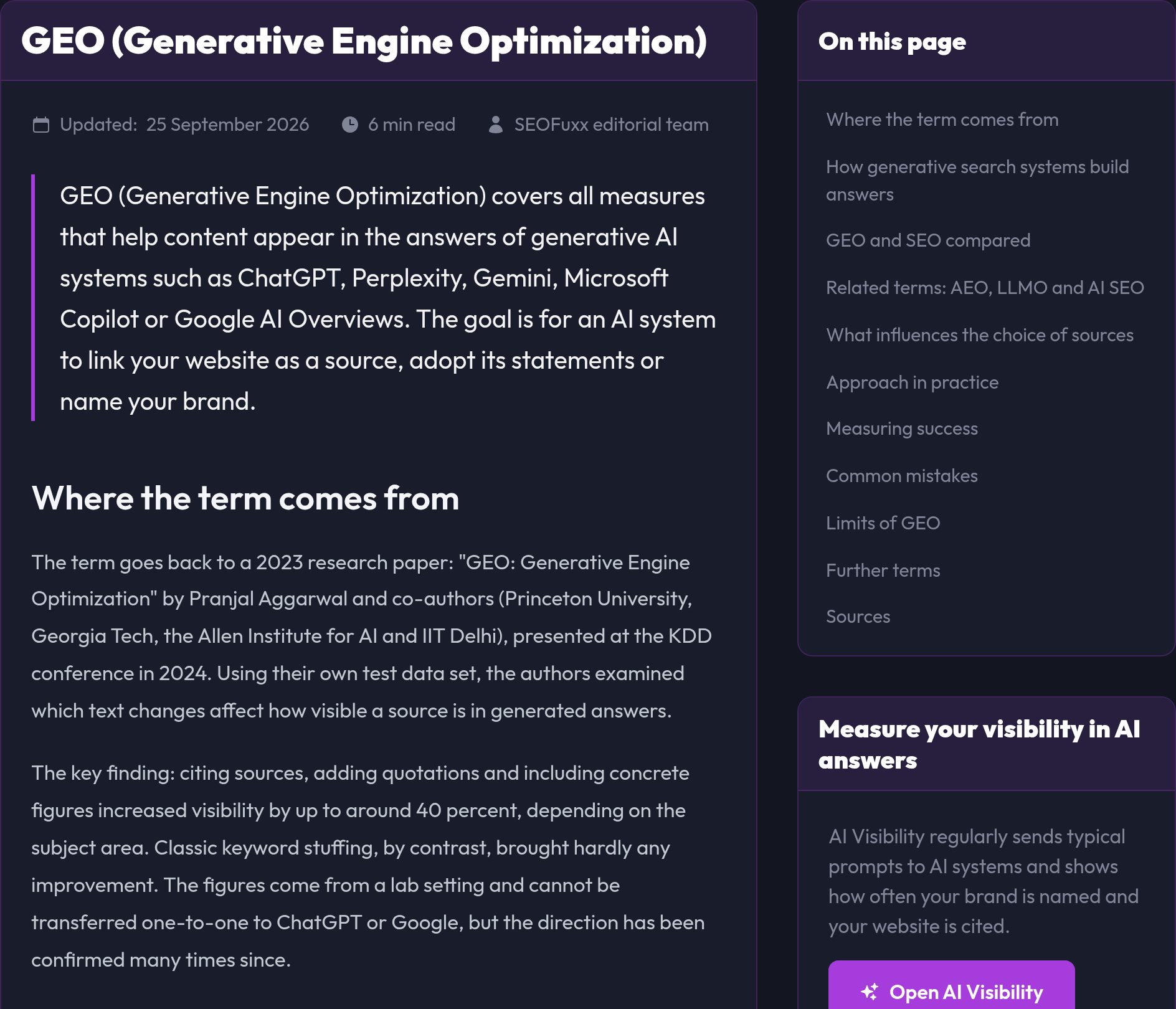 A detailed encyclopedia article with the "On this page" table of contents