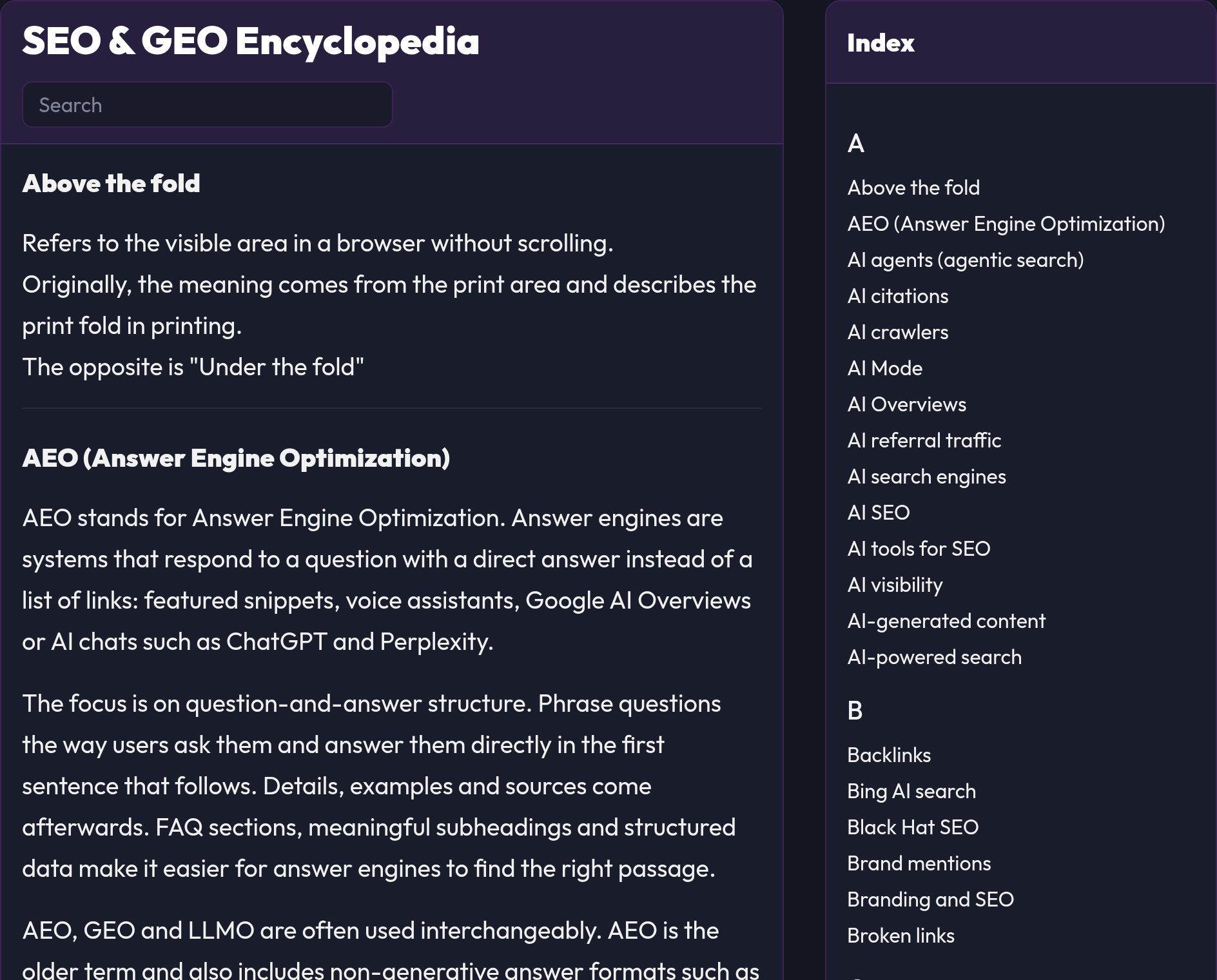 The encyclopedia overview with search field, terms and the alphabetical index