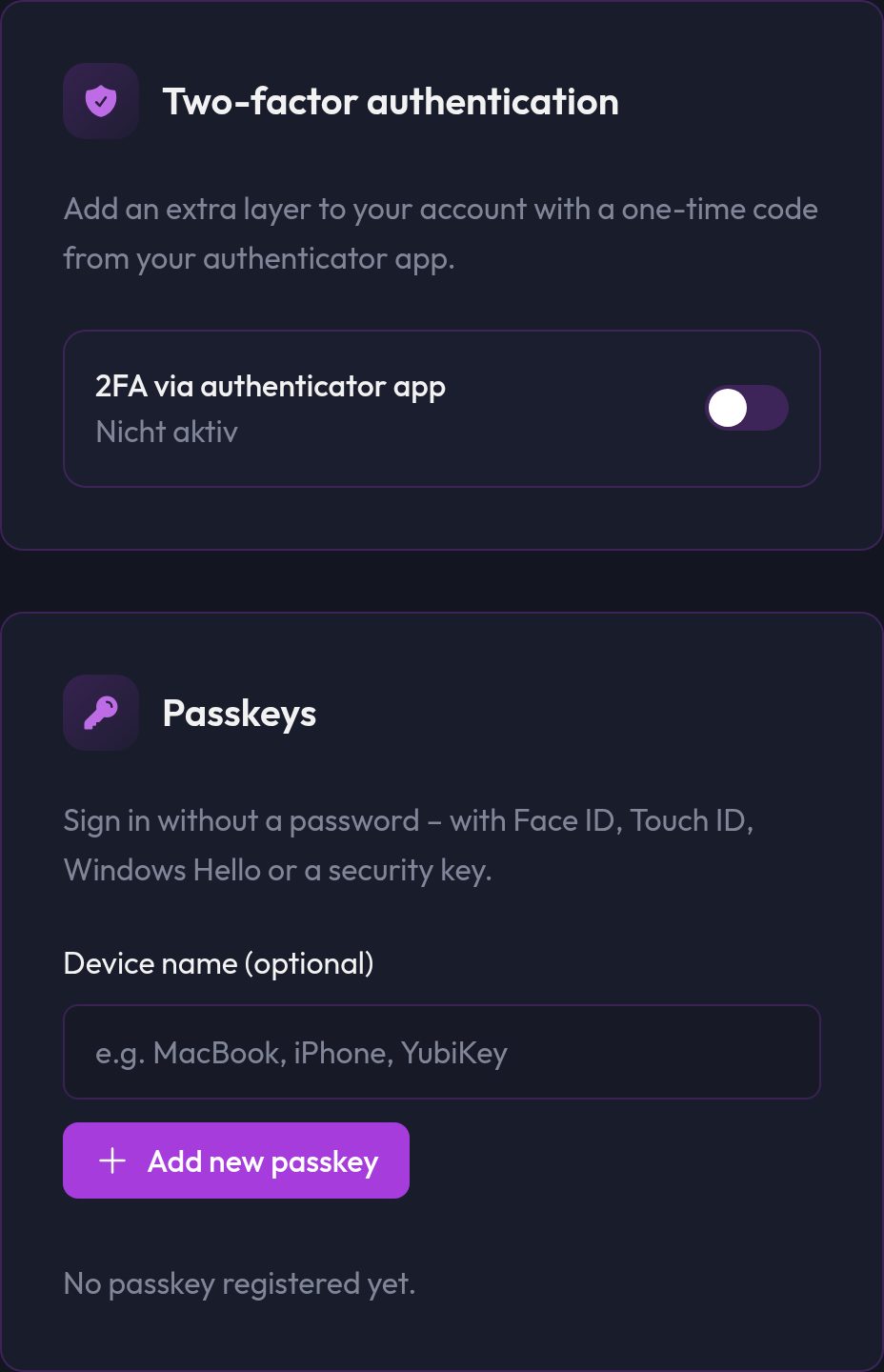 The Security tab in your account with the 2FA switch and the passkey list