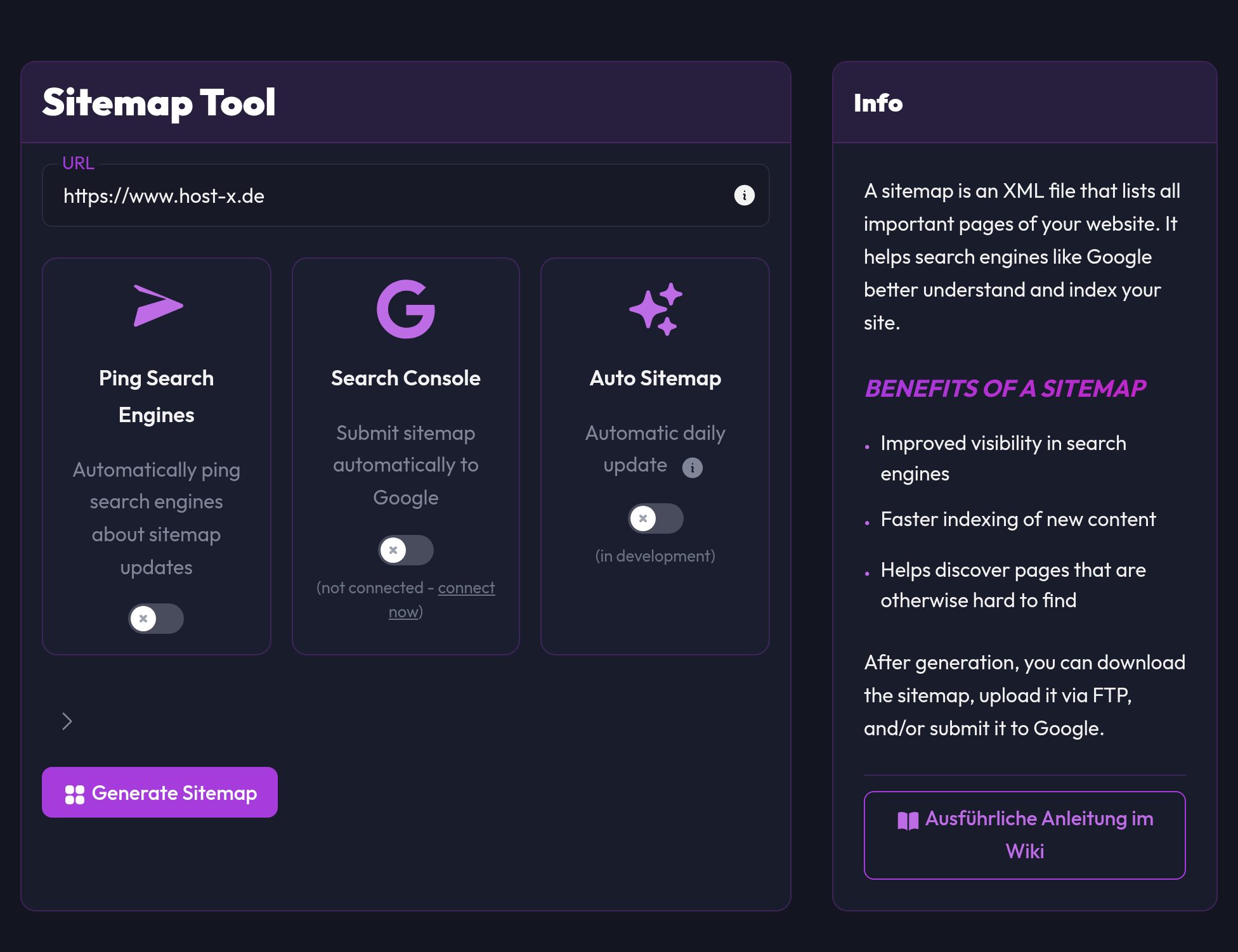 The sitemap tool with the domain field and the Ping, Search Console and Auto Sitemap switches