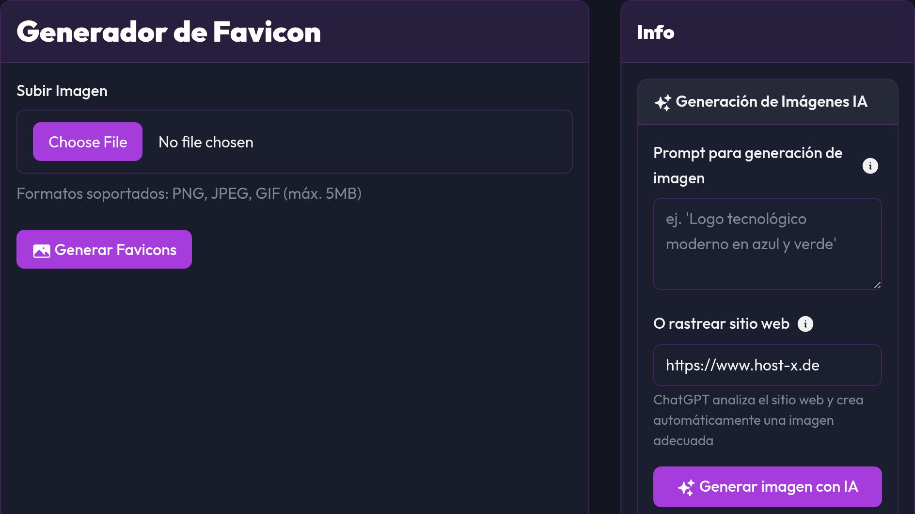 La herramienta de favicon con subida de imagen y generación de imágenes con IA