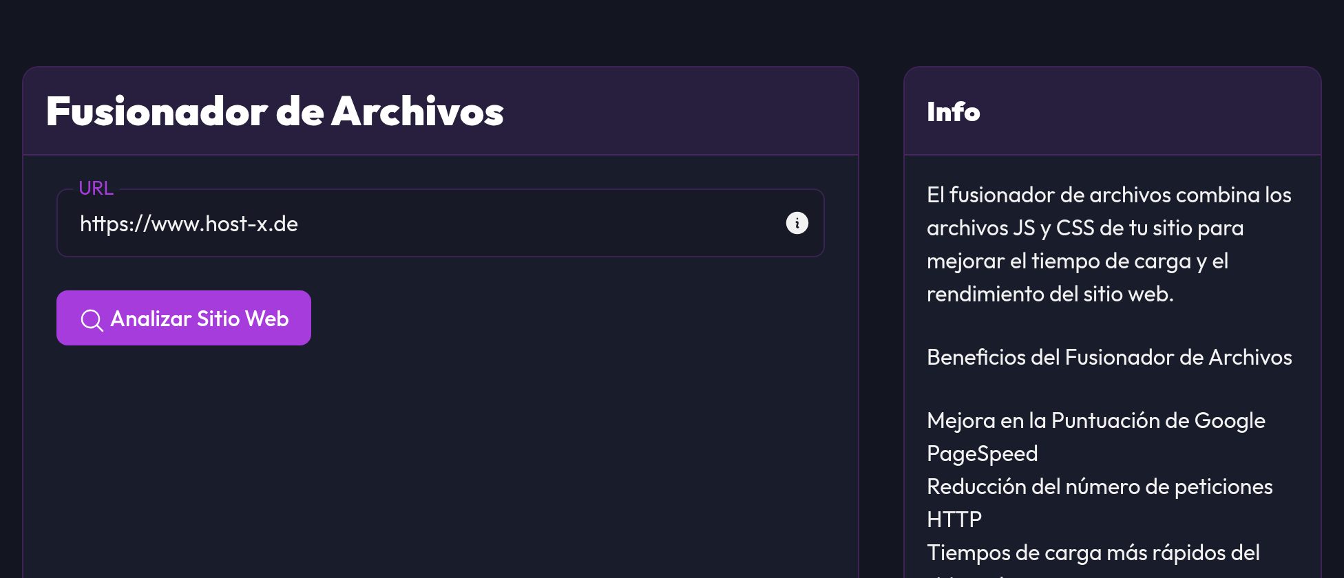 El fusionador de archivos con el campo de URL y el botón Analizar sitio web