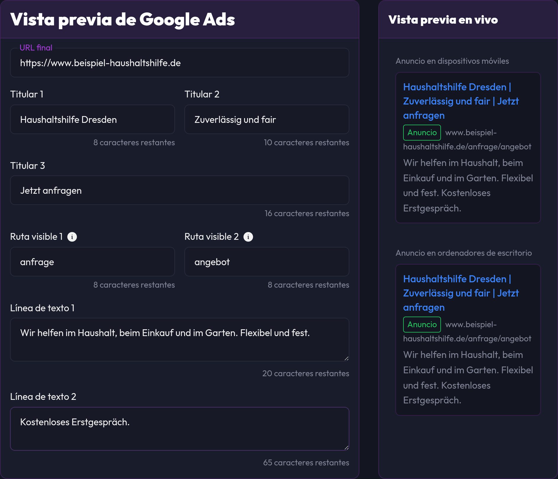 La vista previa de Google Ads con los campos rellenados y la vista previa en vivo para móvil y escritorio