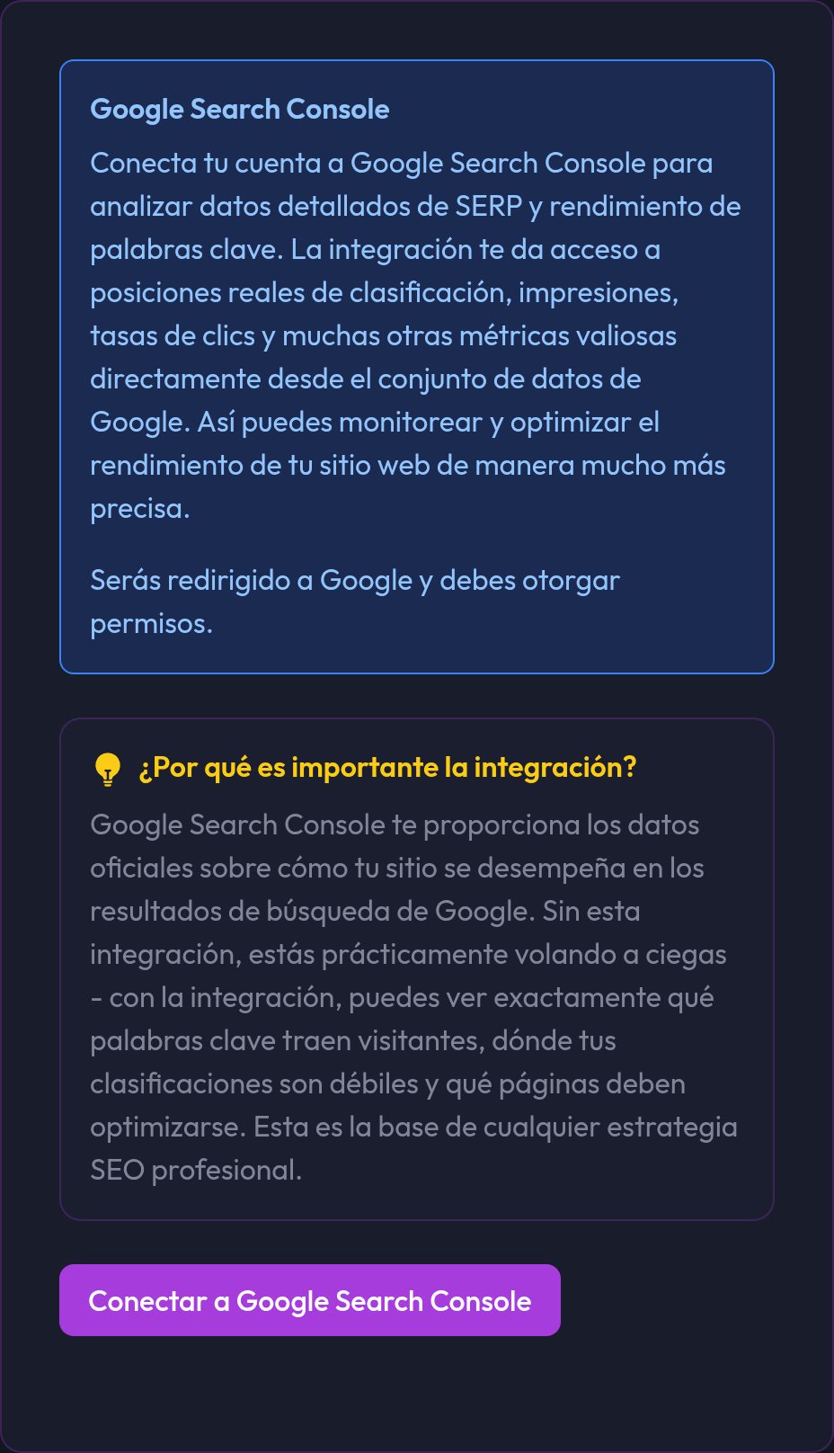 La pestaña Search Console de la cuenta con el botón para conectar