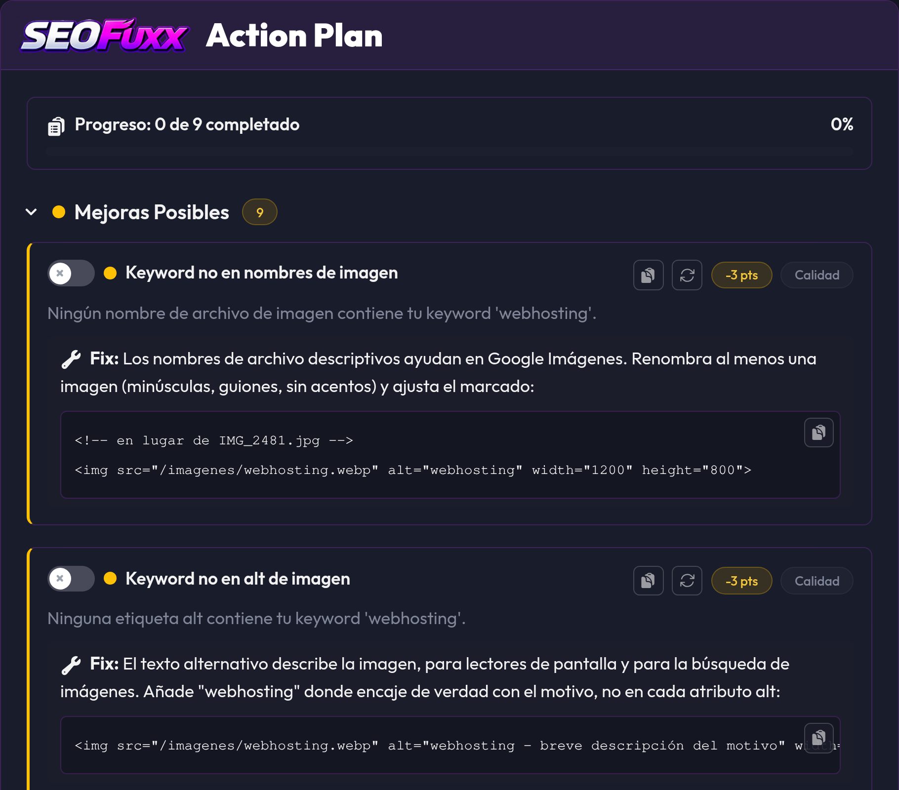 El SEO Action Plan con el progreso y las primeras recomendaciones con su solución