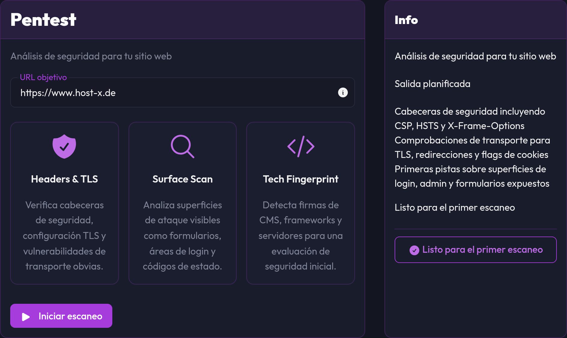 El formulario del pentest con la URL objetivo y el botón Iniciar escaneo