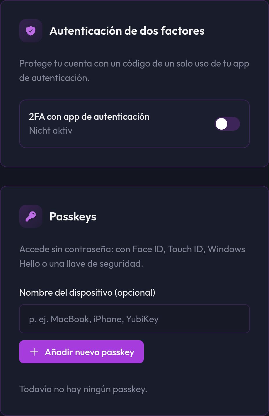 La pestaña Seguridad de la cuenta con el interruptor de 2FA y la lista de passkeys