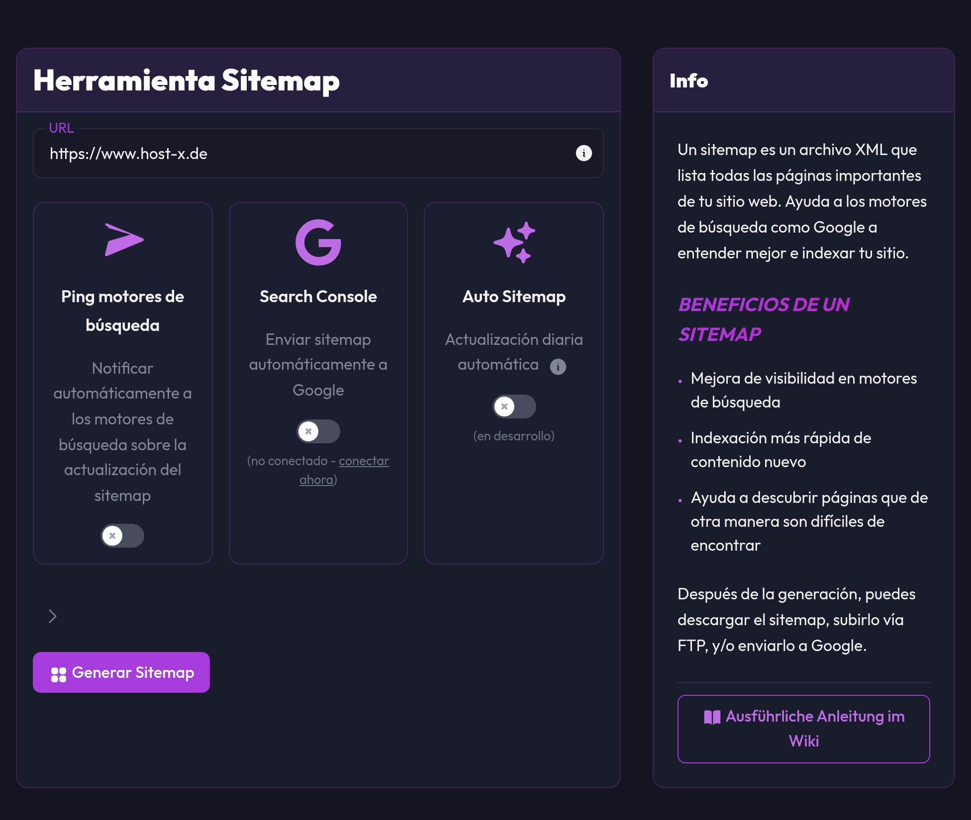 La herramienta de sitemap con el campo de dominio y los interruptores Ping, Search Console y Auto Sitemap