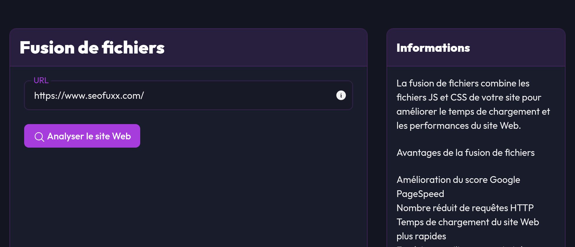 La fusion de fichiers avec le champ URL et le bouton Analyze site Web