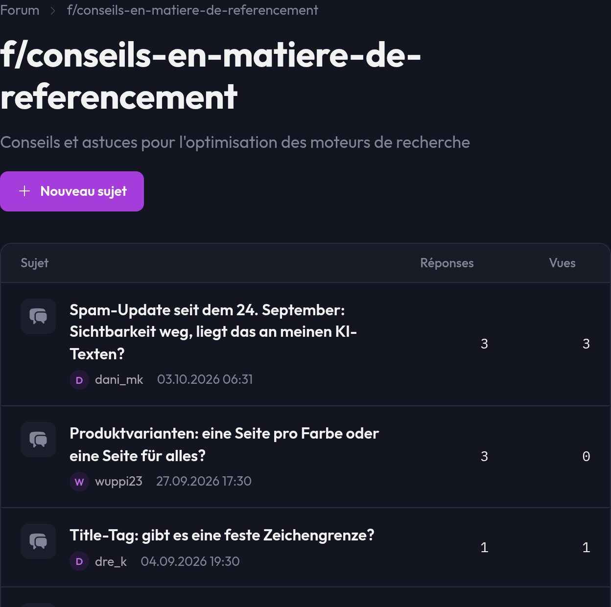 Une catégorie avec la liste des sujets et le bouton Nouveau sujet