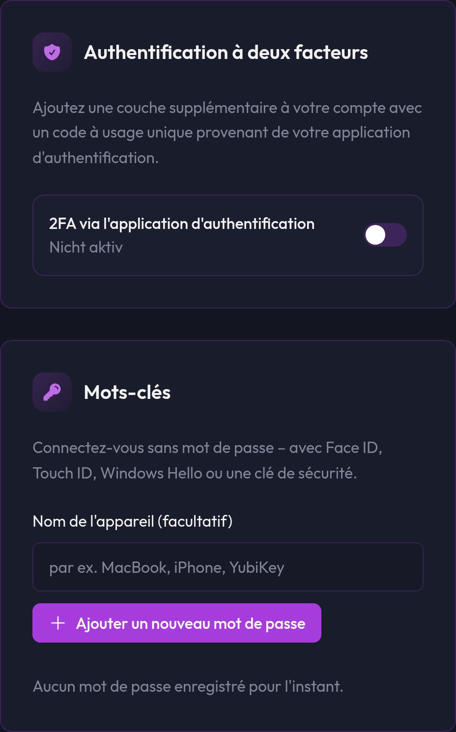 L'onglet Sécurité de votre compte avec le commutateur 2FA et la liste de mots de passe