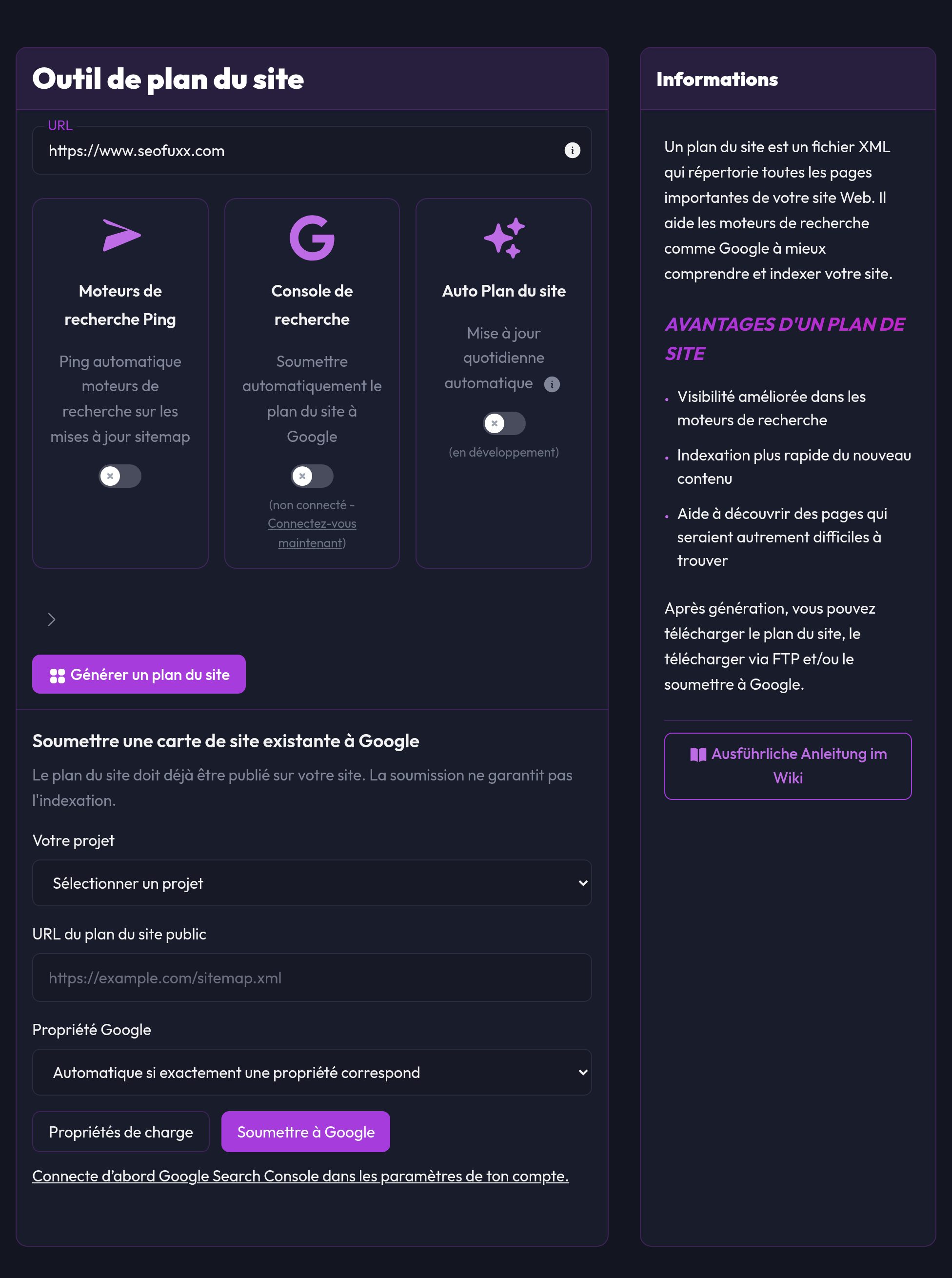 L'outil de plan du site avec le domaine et les commutateurs Ping, Search Console et Auto Plan du site