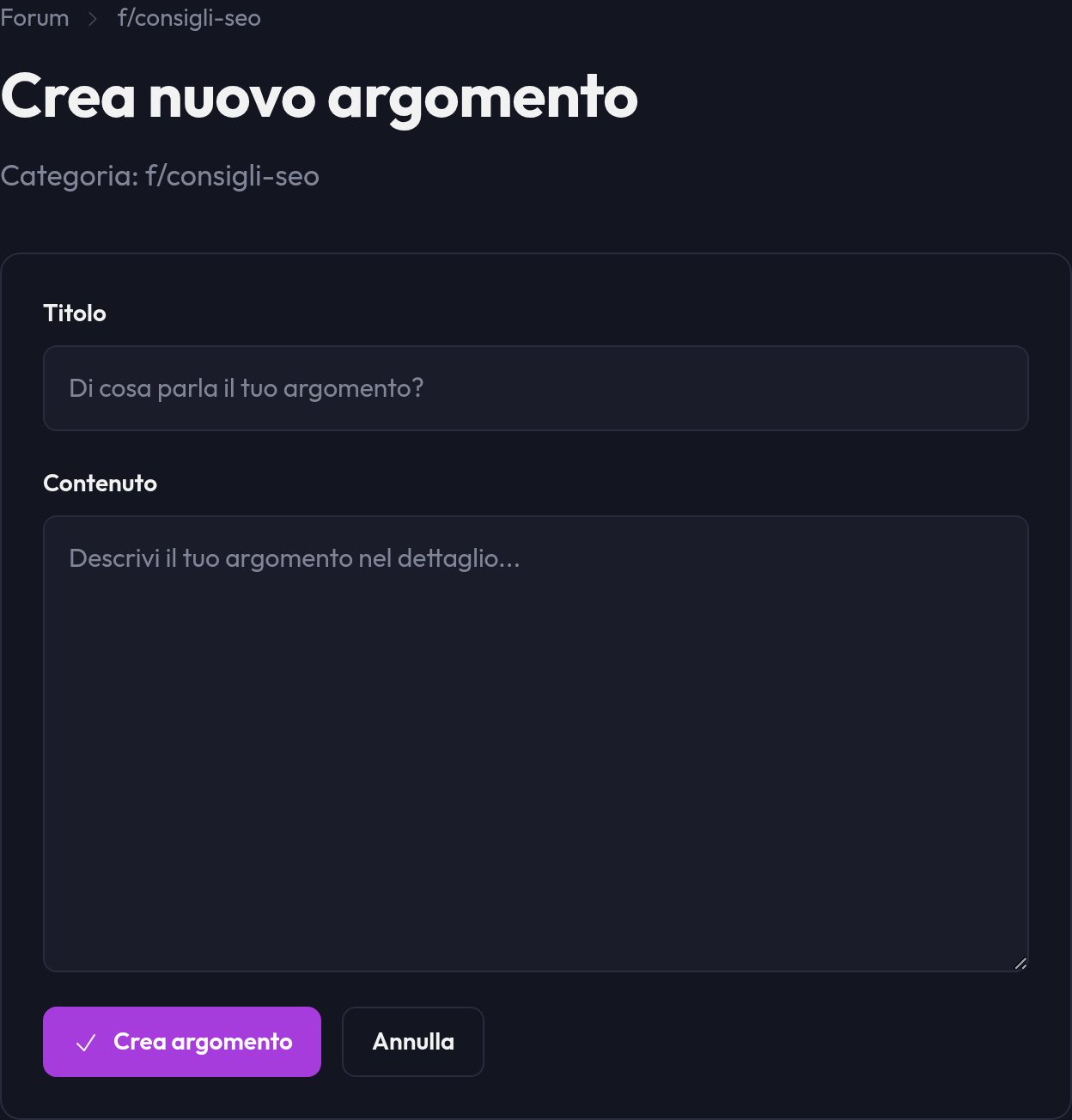 Il modulo per creare un nuovo argomento con titolo e contenuto