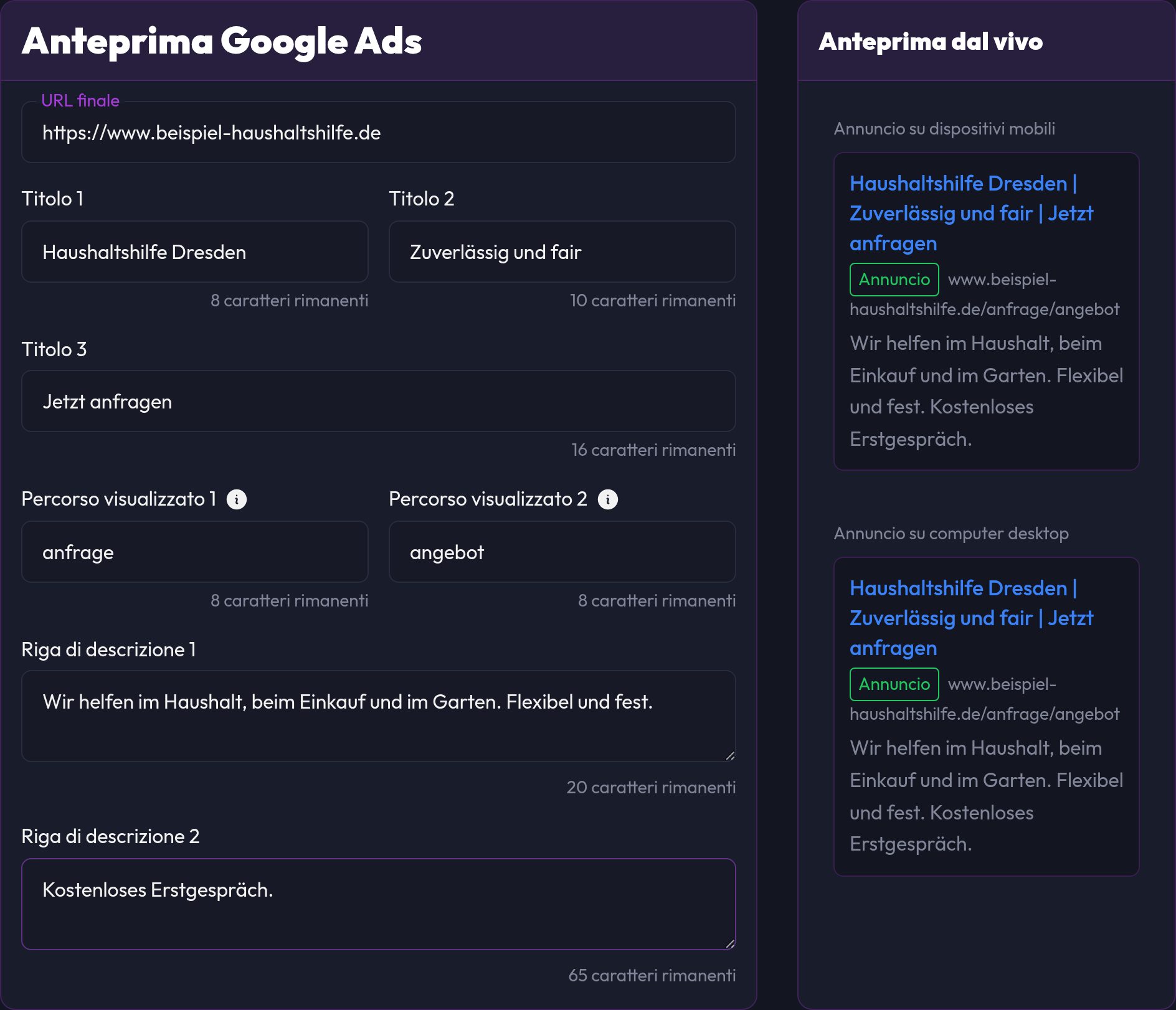 L'anteprima Google Ads con campi compilati e anteprima dal vivo per mobile e desktop