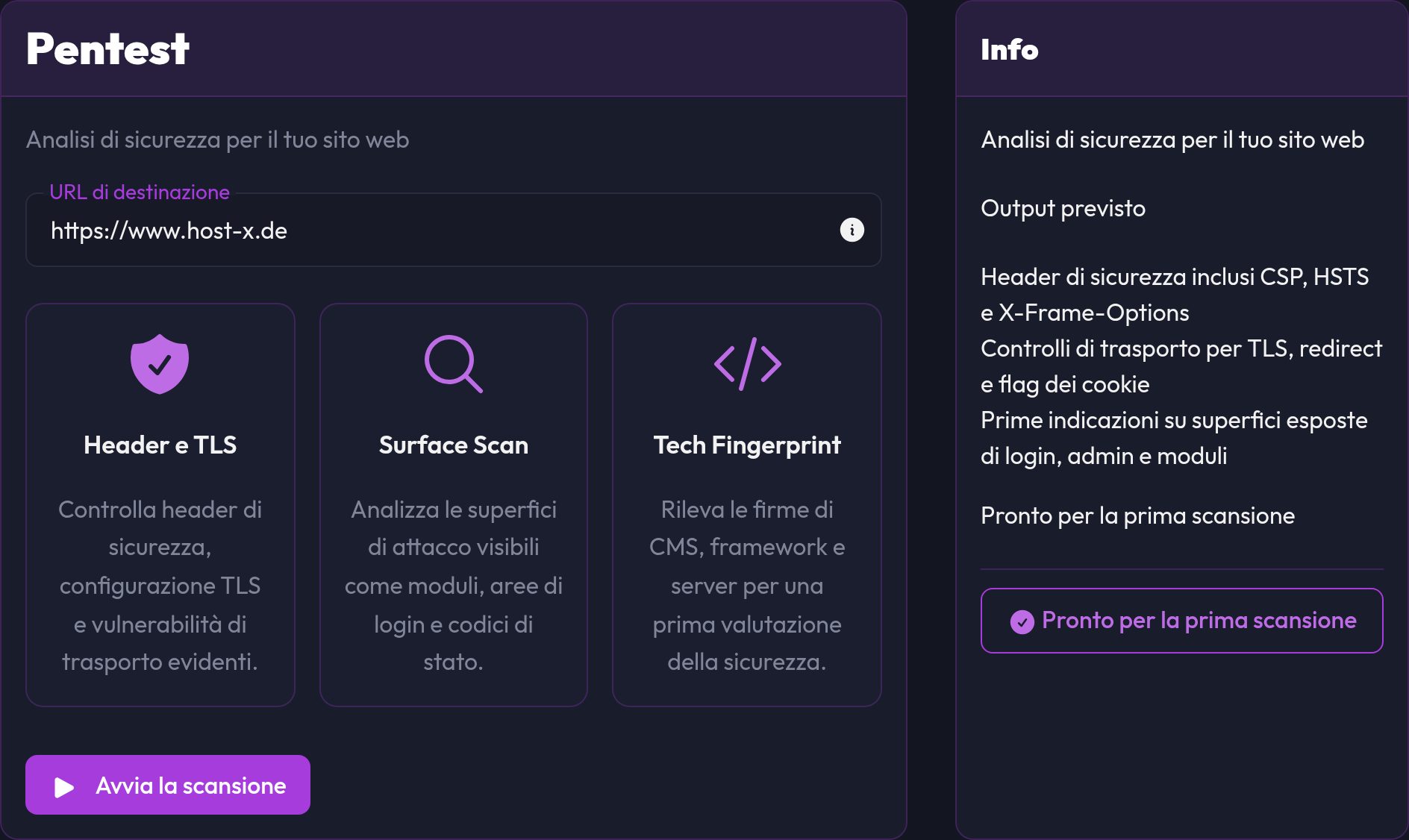 Il modulo del Pentest con URL di destinazione e il pulsante Avvia la scansione