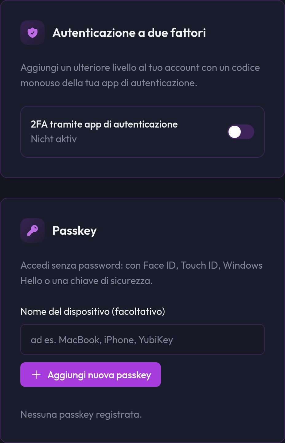La scheda Sicurezza nell'account con l'interruttore 2FA e l'elenco delle passkey