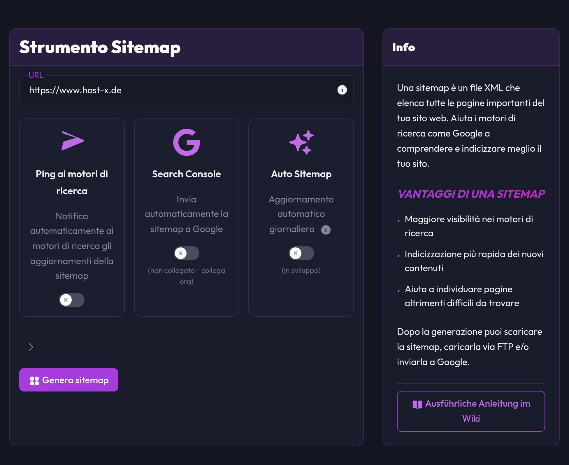 Lo strumento Sitemap con campo del dominio e gli interruttori Ping, Search Console e Auto Sitemap