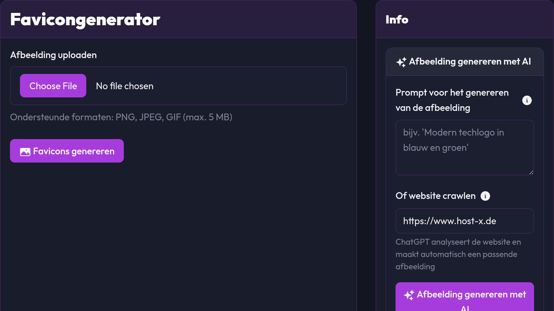 De favicontool met afbeelding uploaden en AI-afbeeldingen maken