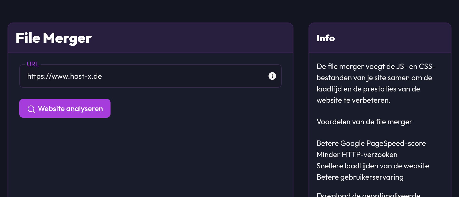 De bestandsmerger met URL-veld en de knop Website analyseren