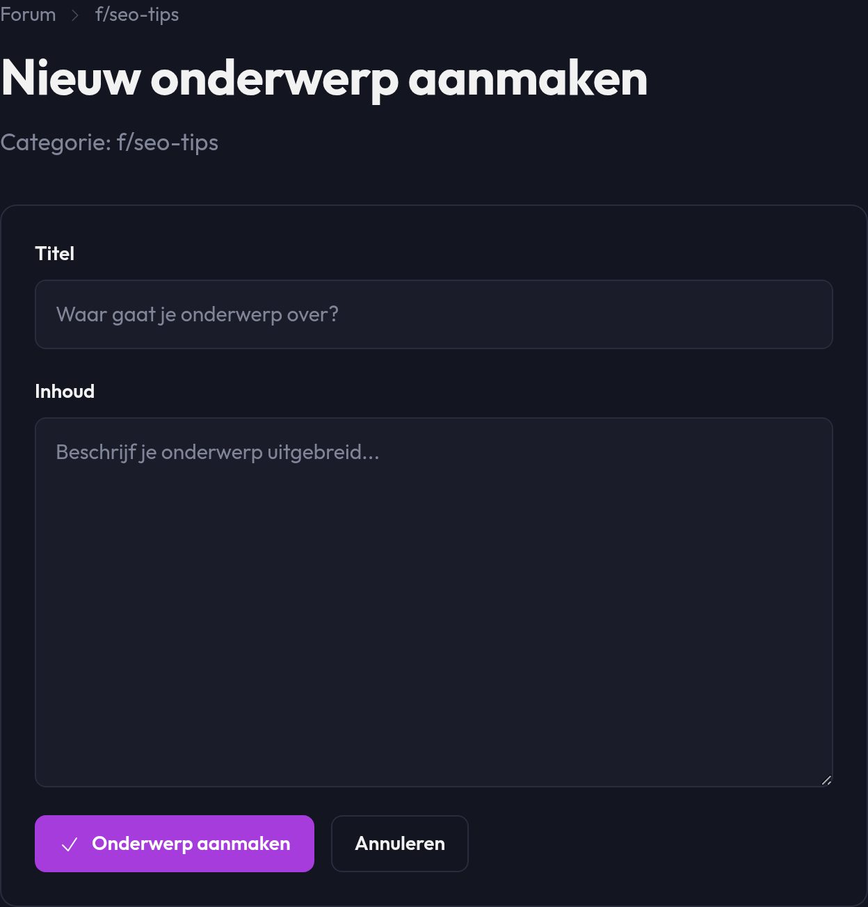 Het formulier voor het maken van een nieuw onderwerp met titel en inhoud