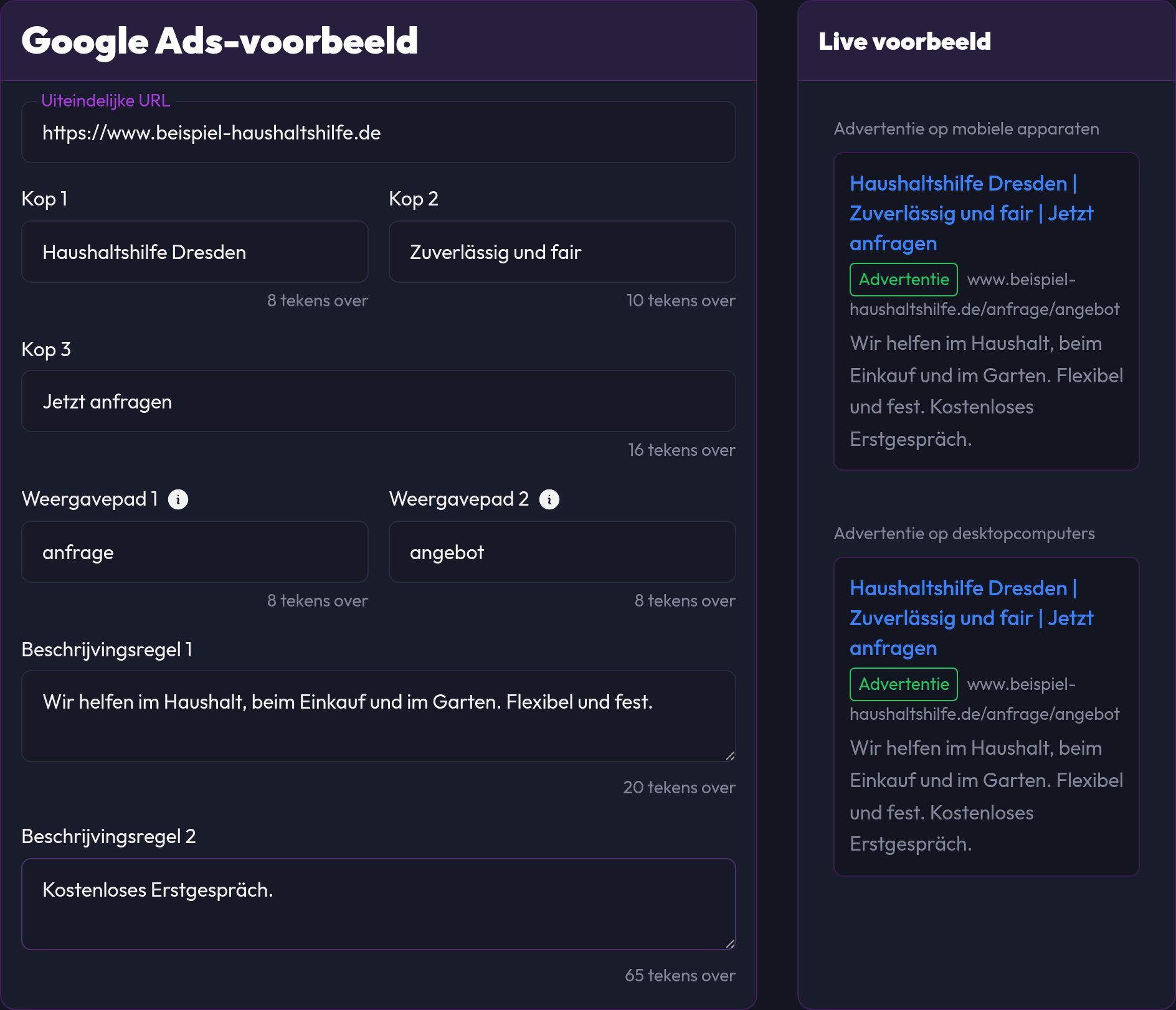 De Google Ads-voorvertoning met ingevulde velden en de live voorvertoning voor mobiel en desktop