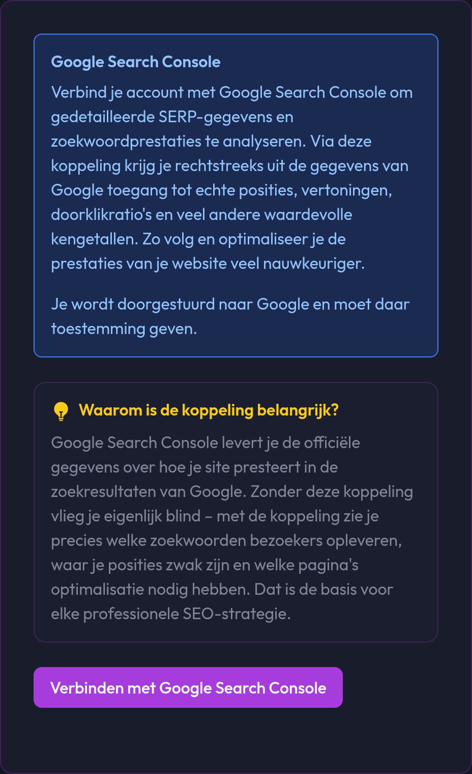 Het tabblad Search Console in je account met de knop om te verbinden