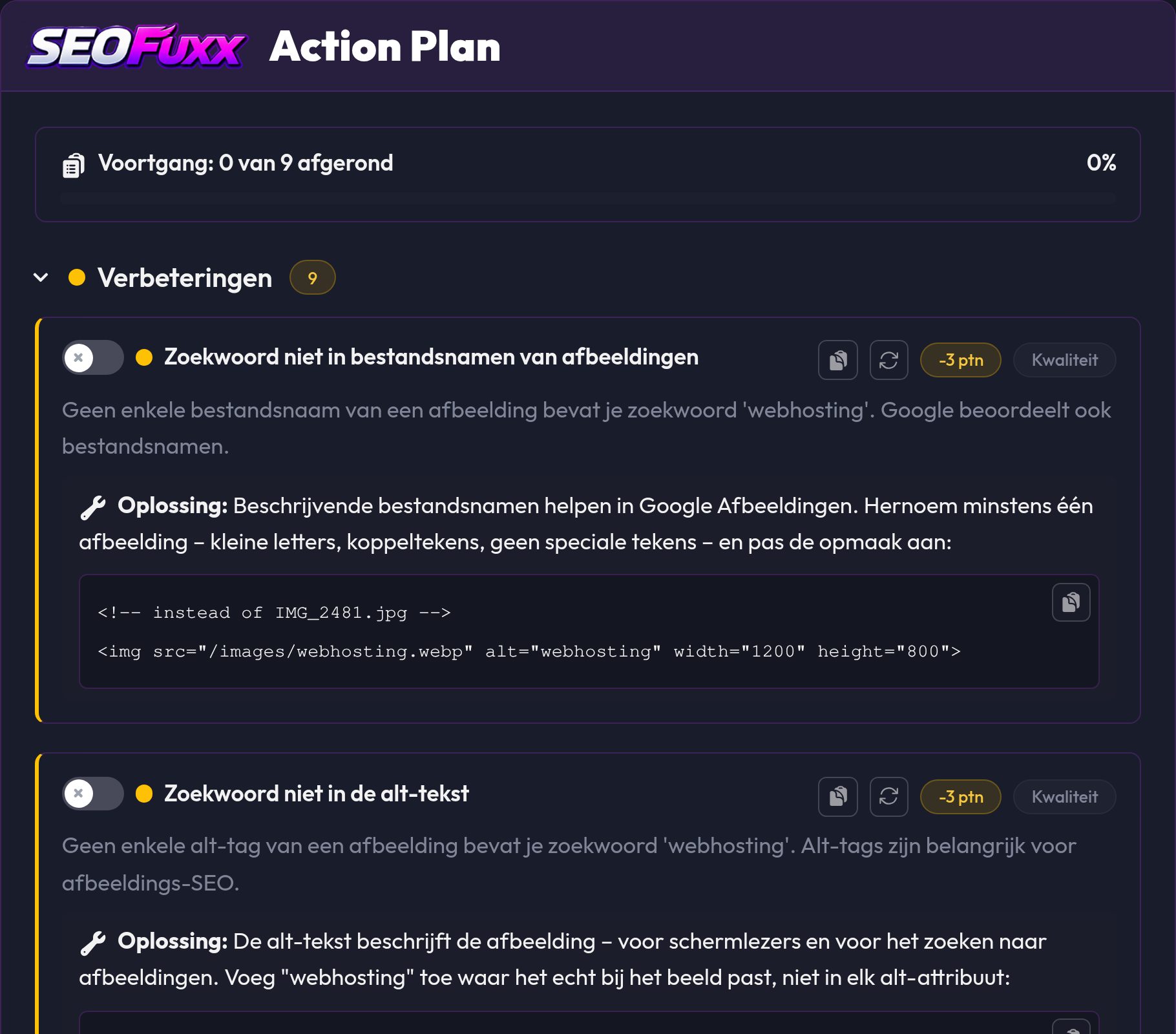 Het SEO Action Plan met voortgang en de eerste aanbevelingen met oplossing