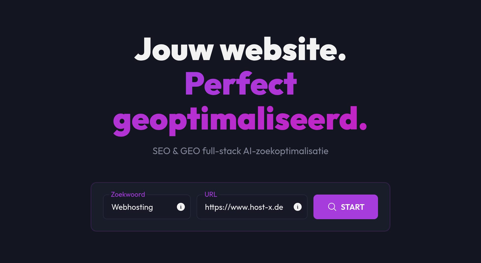 Het invoerveld van de pagina-audit met zoekwoord, URL en de knop START