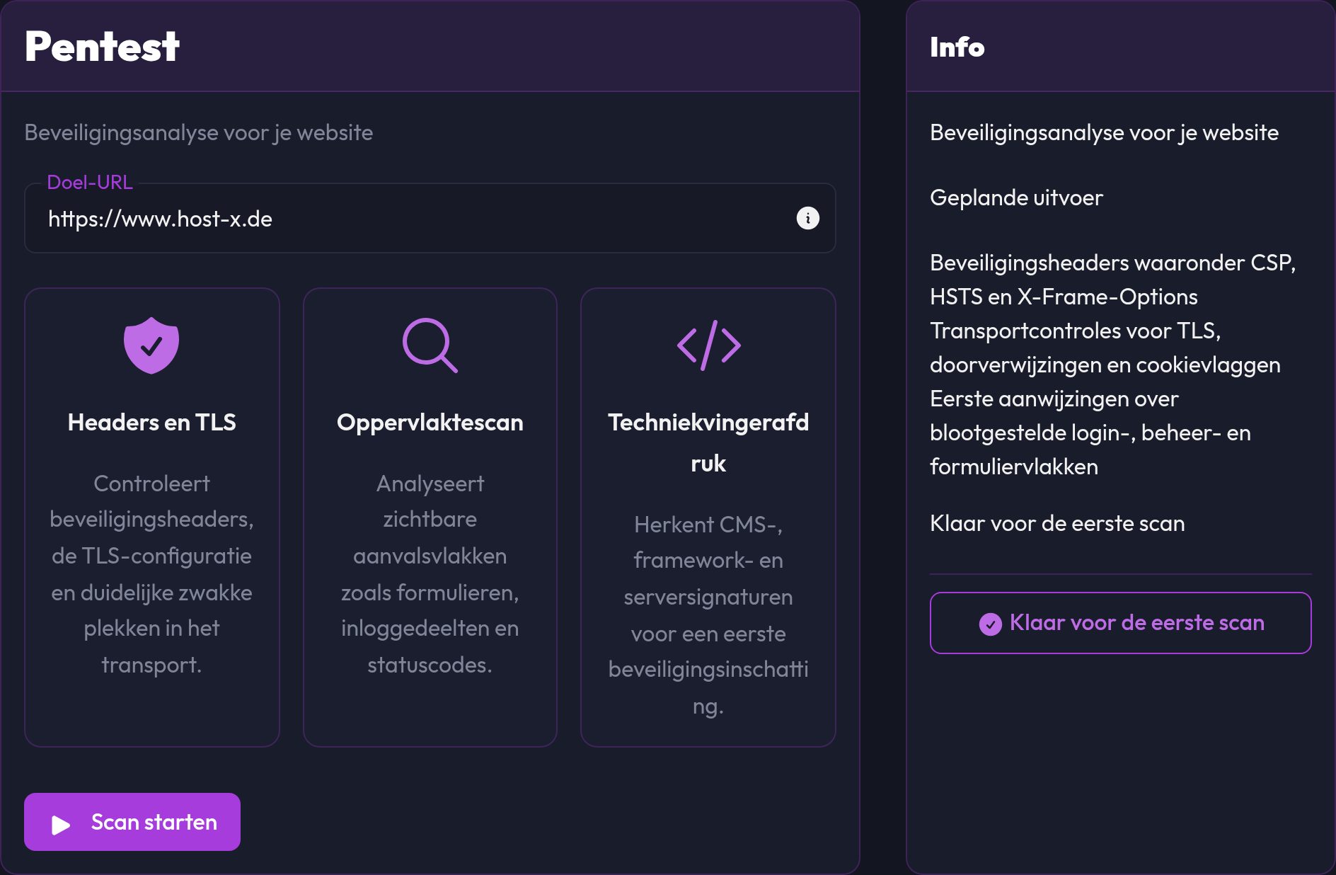 Het pentestformulier met doel-URL en de knop Scan starten