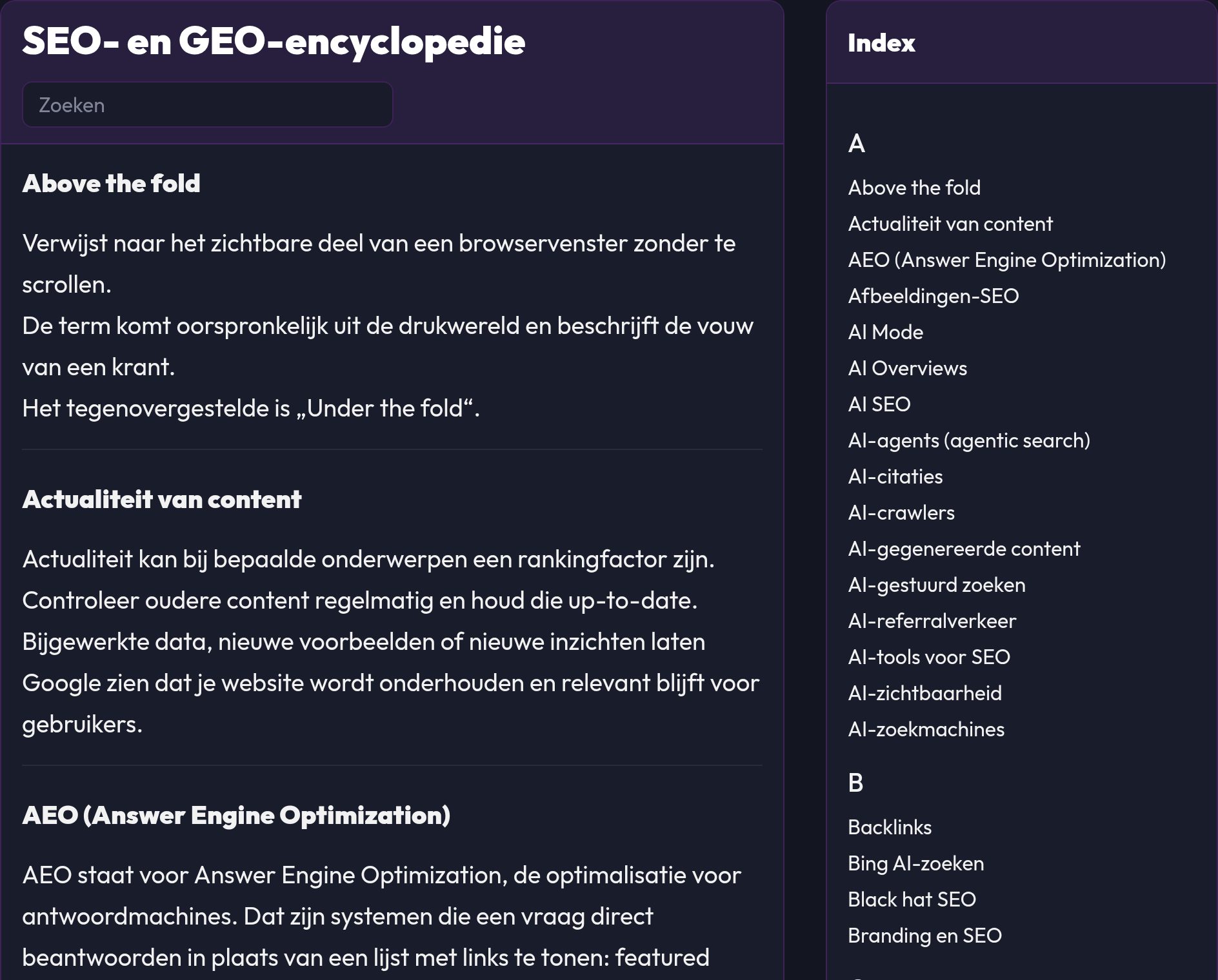Het lexiconoverzicht met zoekveld, begrippen en de alfabetische index