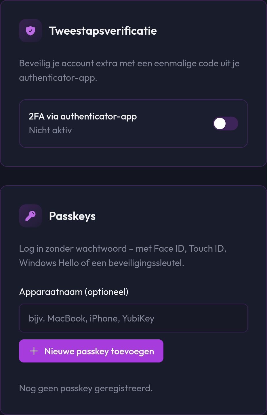 Het tabblad Beveiliging in je account met de 2FA-schakelaar en de lijst met passkeys
