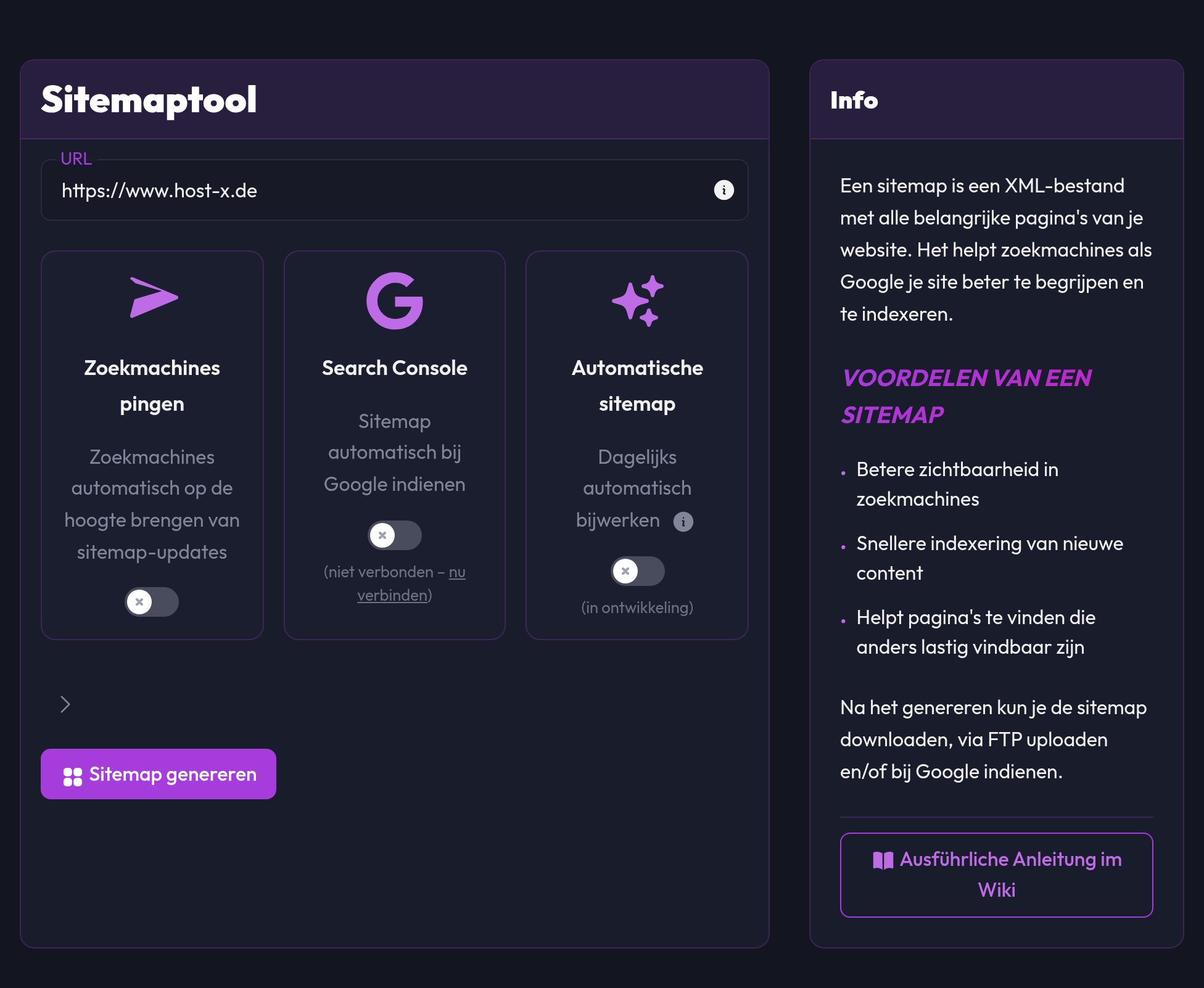 De sitemaptool met domeinveld en de schakelaars Zoekmachines pingen, Search Console en Automatische sitemap