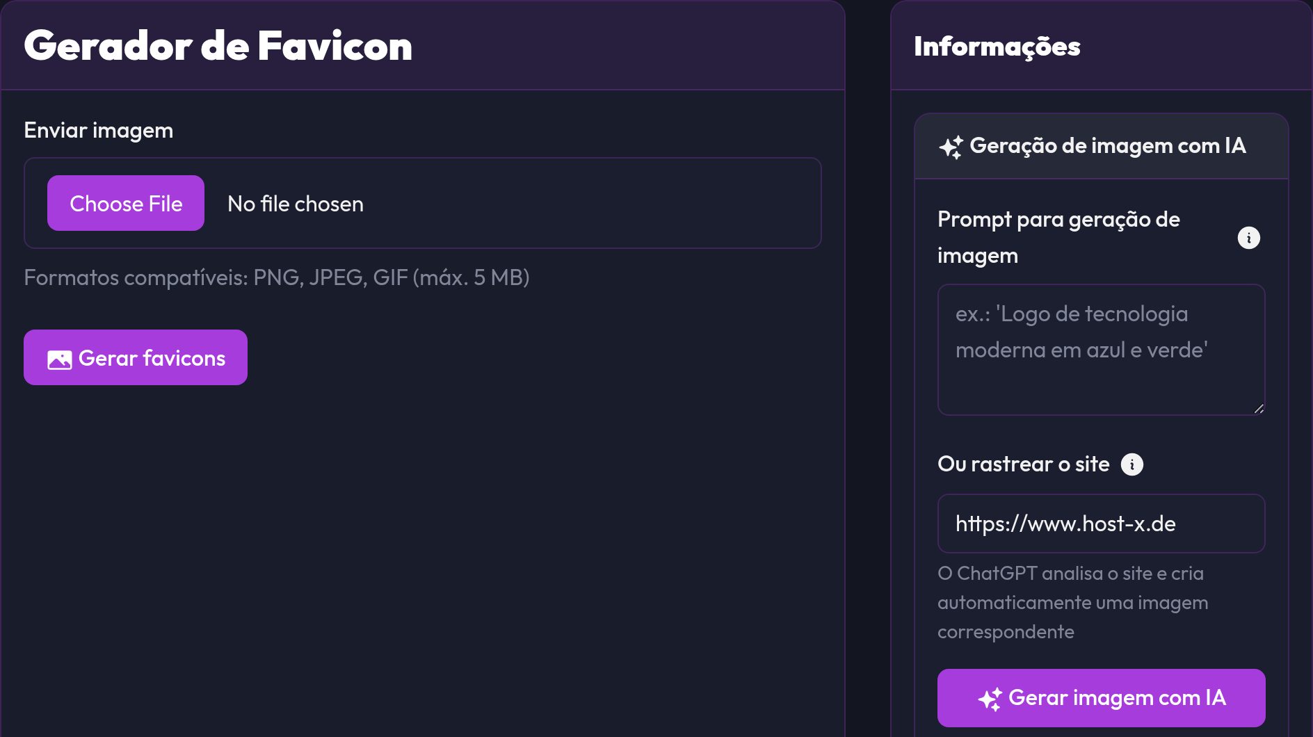 A ferramenta Favicon com upload de imagem e criação de imagens por IA