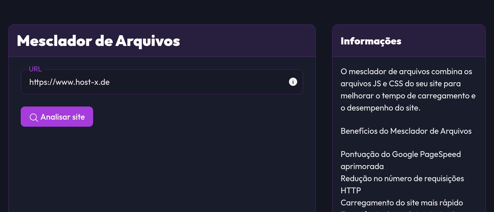 O Mesclador de Arquivos com campo de URL e o botão Analisar website