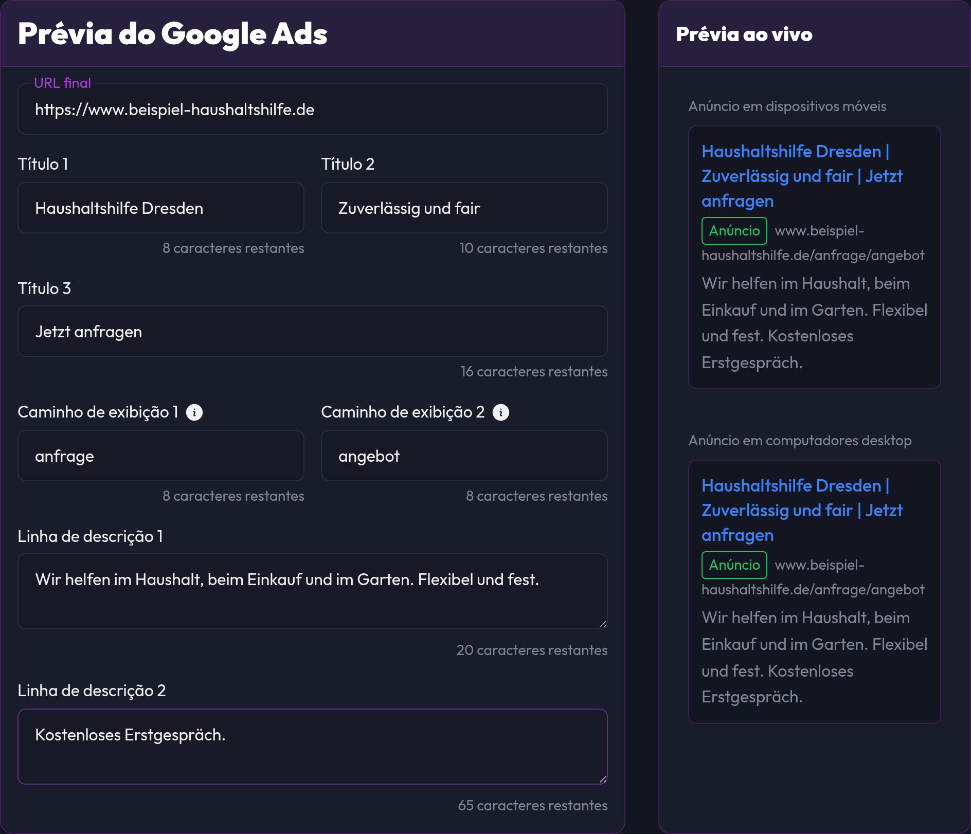 A pré-visualização do Google Ads com campos preenchidos e a visualização ao vivo para mobile e desktop