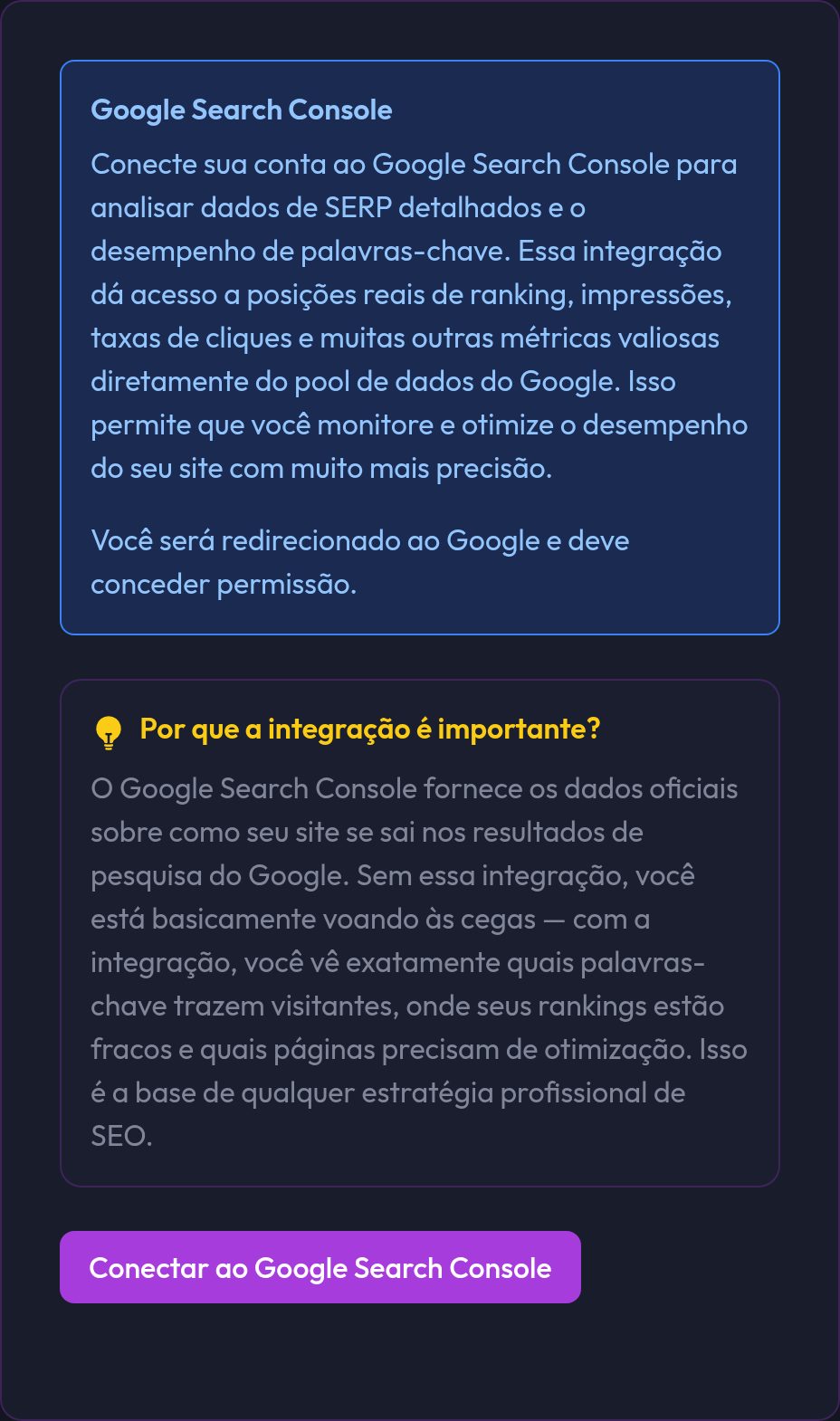 A aba Search Console na conta com o botão para conectar