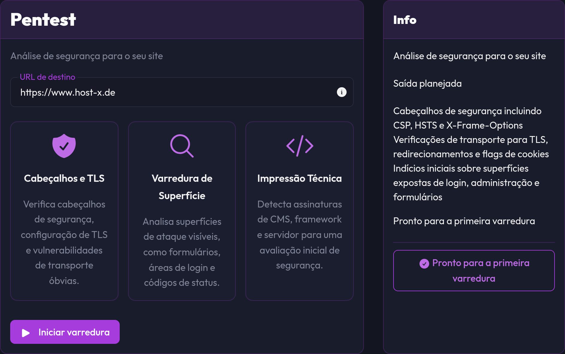 O formulário do Pentest com URL de destino e o botão Iniciar verificação