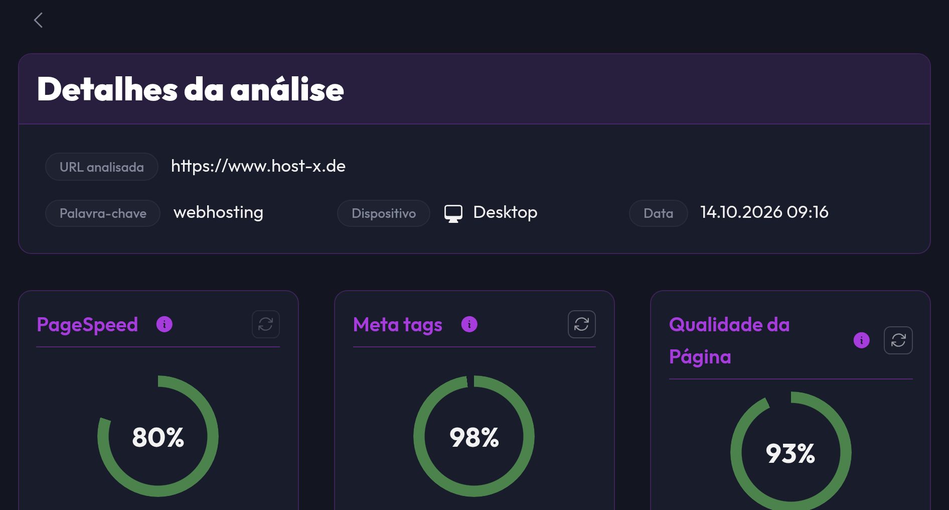 Os detalhes da análise com os scores PageSpeed, Meta e Qualidade da página