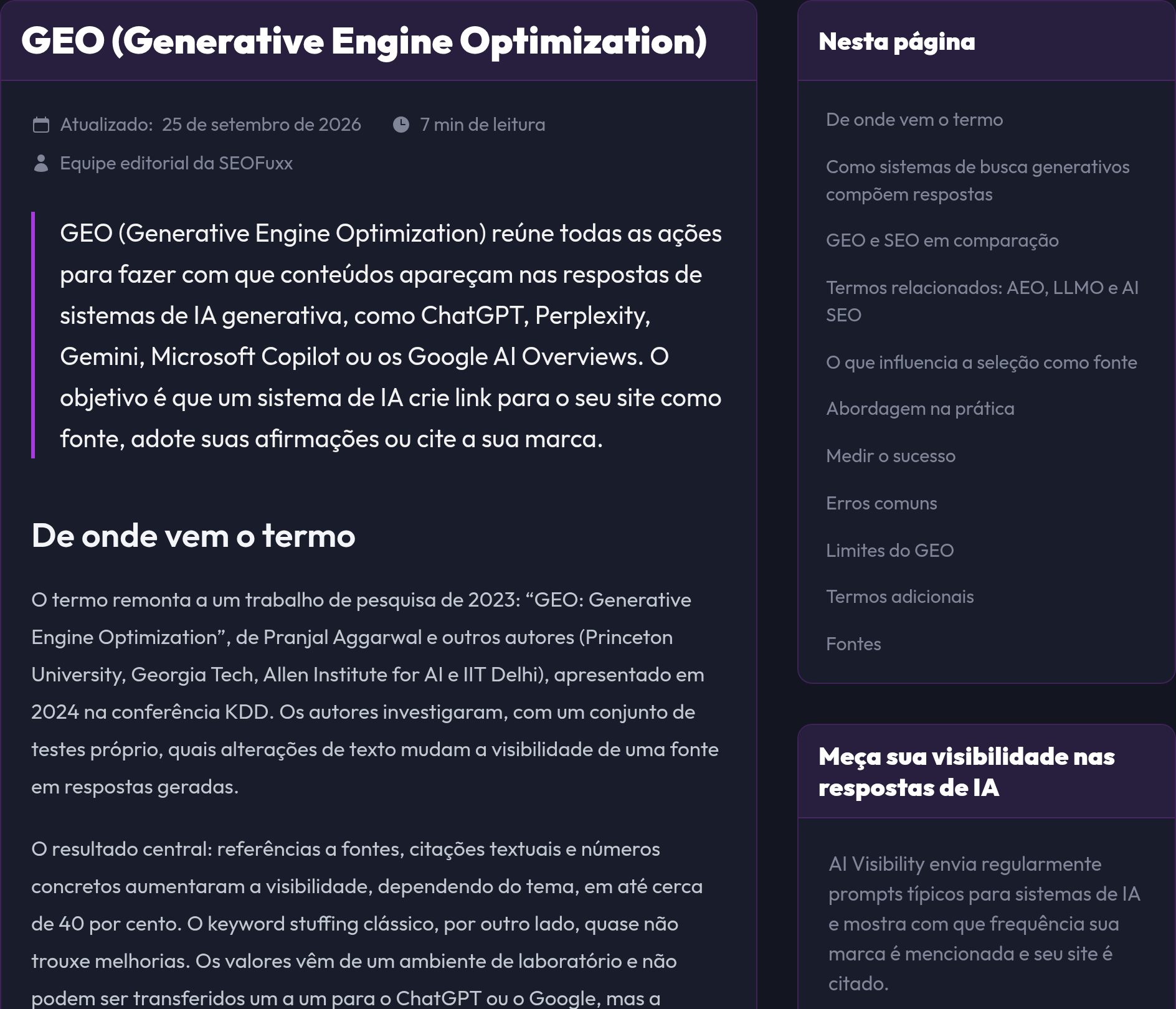 Um artigo detalhado do glossário com o sumário "Nesta página"